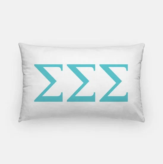 Tri Sigma Lumbar Throw Pillow Cover - Knockout Greek Letters White Sea Blue Pillow Covers