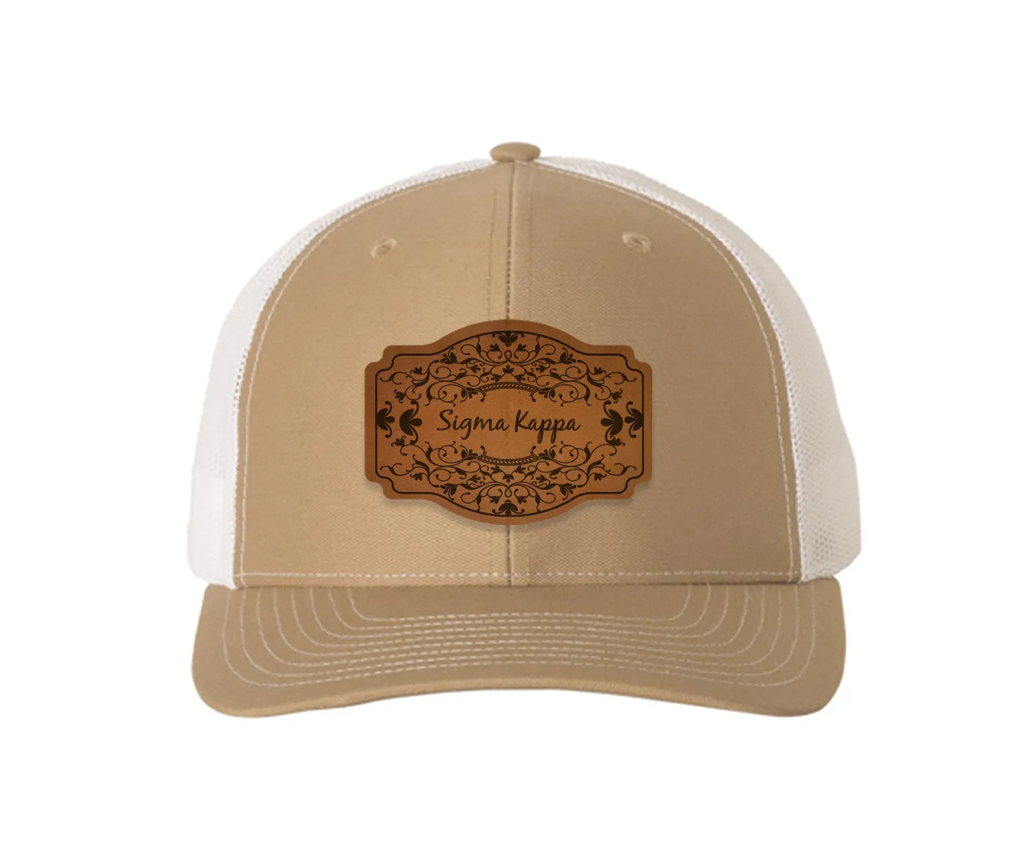 Sigma Kappa Richardson 112 Leatherette Patch Trucker Hat - Scroll Khaki White Trucker Hat
