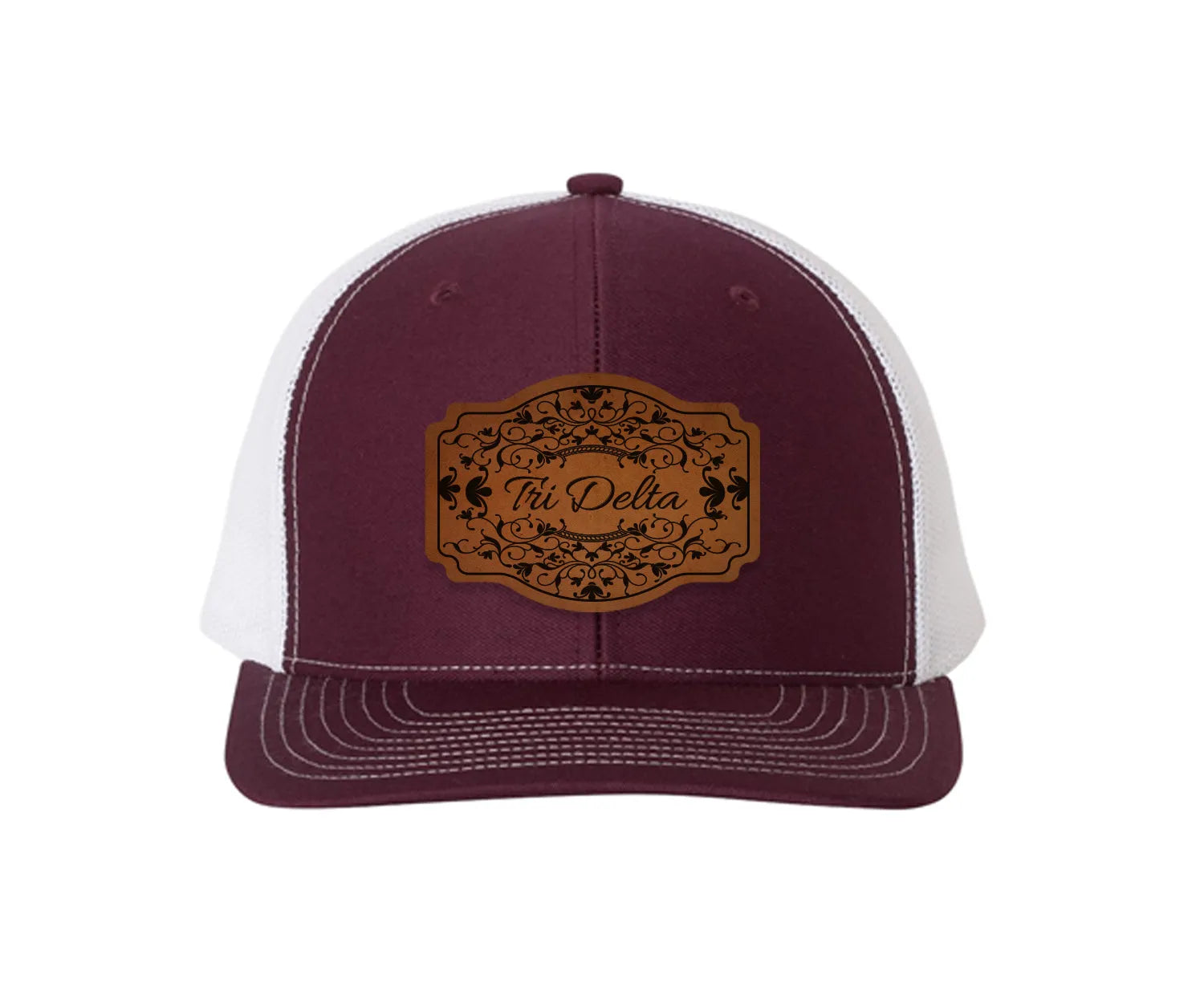 Tri Delta Richardson 112 Leatherette Patch Trucker Hat - Scroll Maroon White Trucker Hat