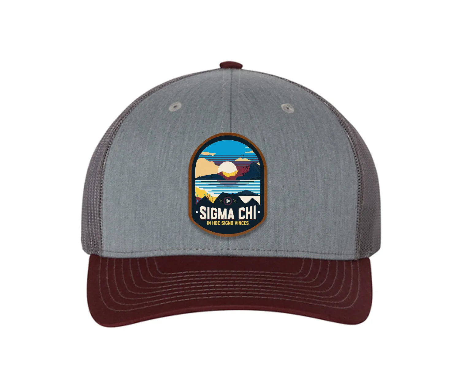 Sigma Chi Richardson 112 UV Print Leatherette Patch Trucker Hat - Ventura Heather Gray Charcoal Maroon Trucker Hat