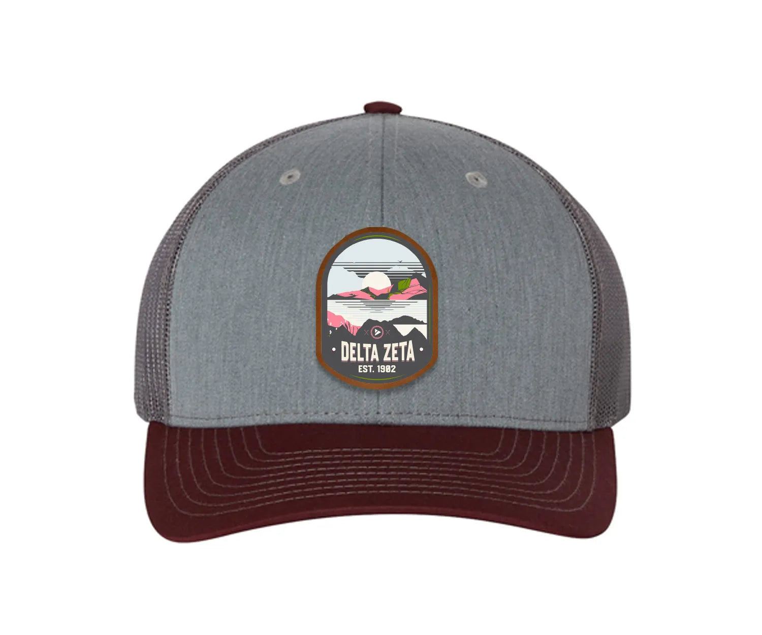 Delta Zeta Richardson 112 UV Print Leatherette Patch Trucker Hat - Ventura Heather Gray Charcoal Maroon Trucker Hat