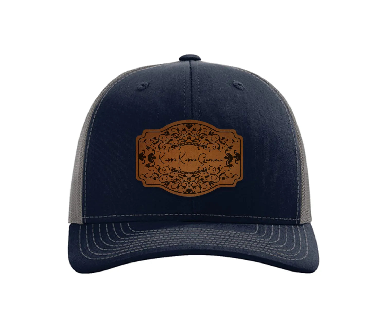 Kappa Kappa Gamma Richardson 112 Leatherette Patch Trucker Hat - Scroll Navy Charcoal Trucker Hat