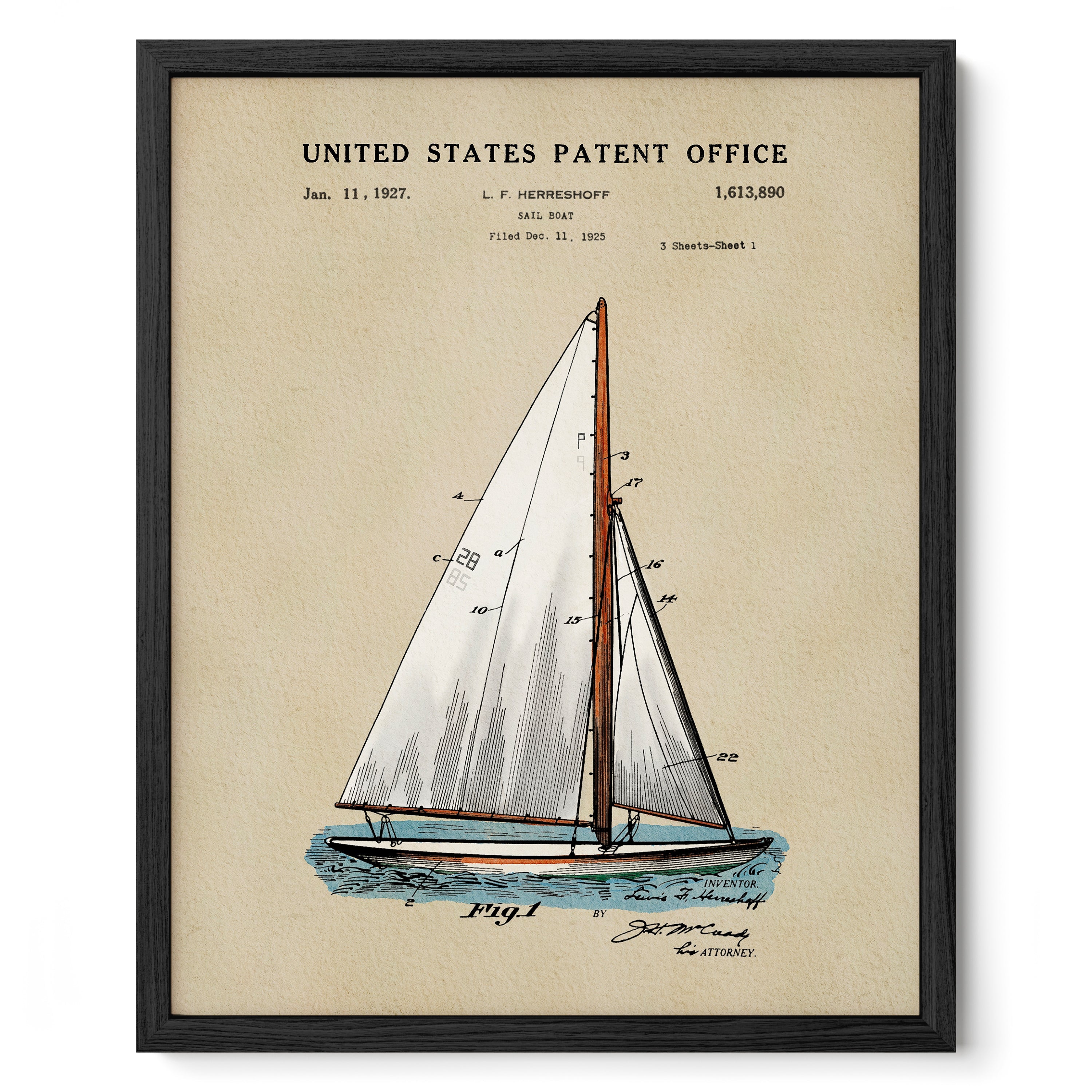 Herreshoff Sailboat US Patent Art Print | Nautical Coastal Dorm Decor