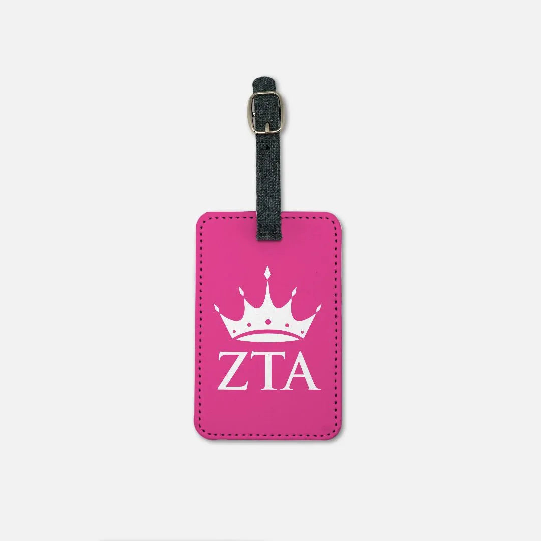 Zeta Tau Alpha Luggage Tag (Set of 2) - Pink with Crown | Travel Accessories | Festive Fit Home