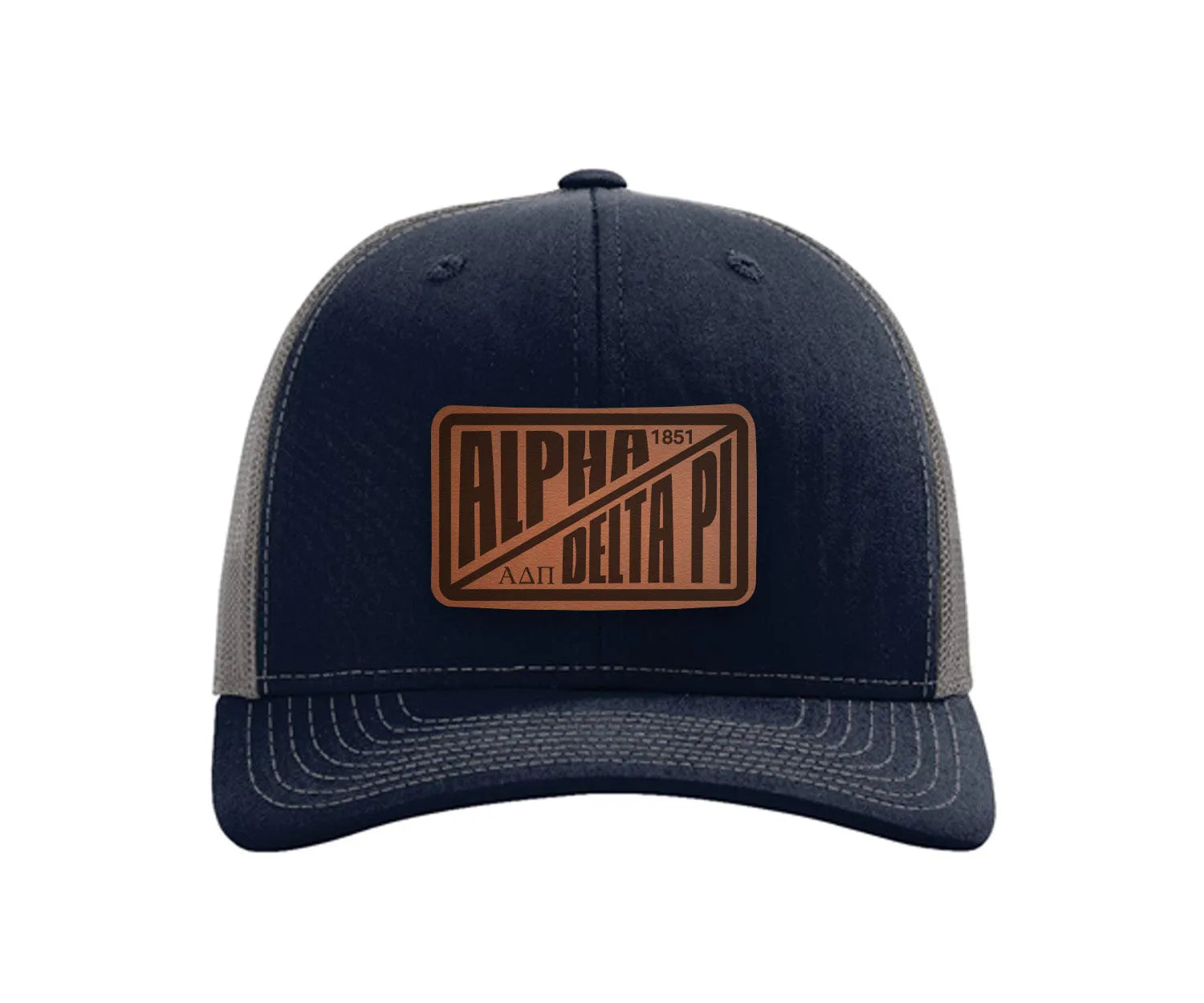 Alpha Delta Pi Richardson 112 Leatherette Patch Trucker Hat - Divide Navy Charcoal Trucker Hat