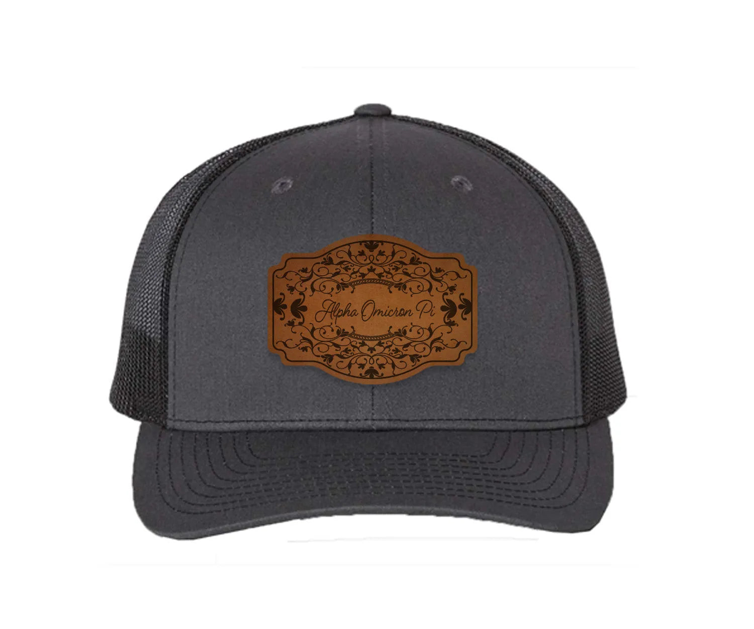 Alpha Omicron Pi Richardson 112 Leatherette Patch Trucker Hat - Scroll Charcoal Black Trucker Hat
