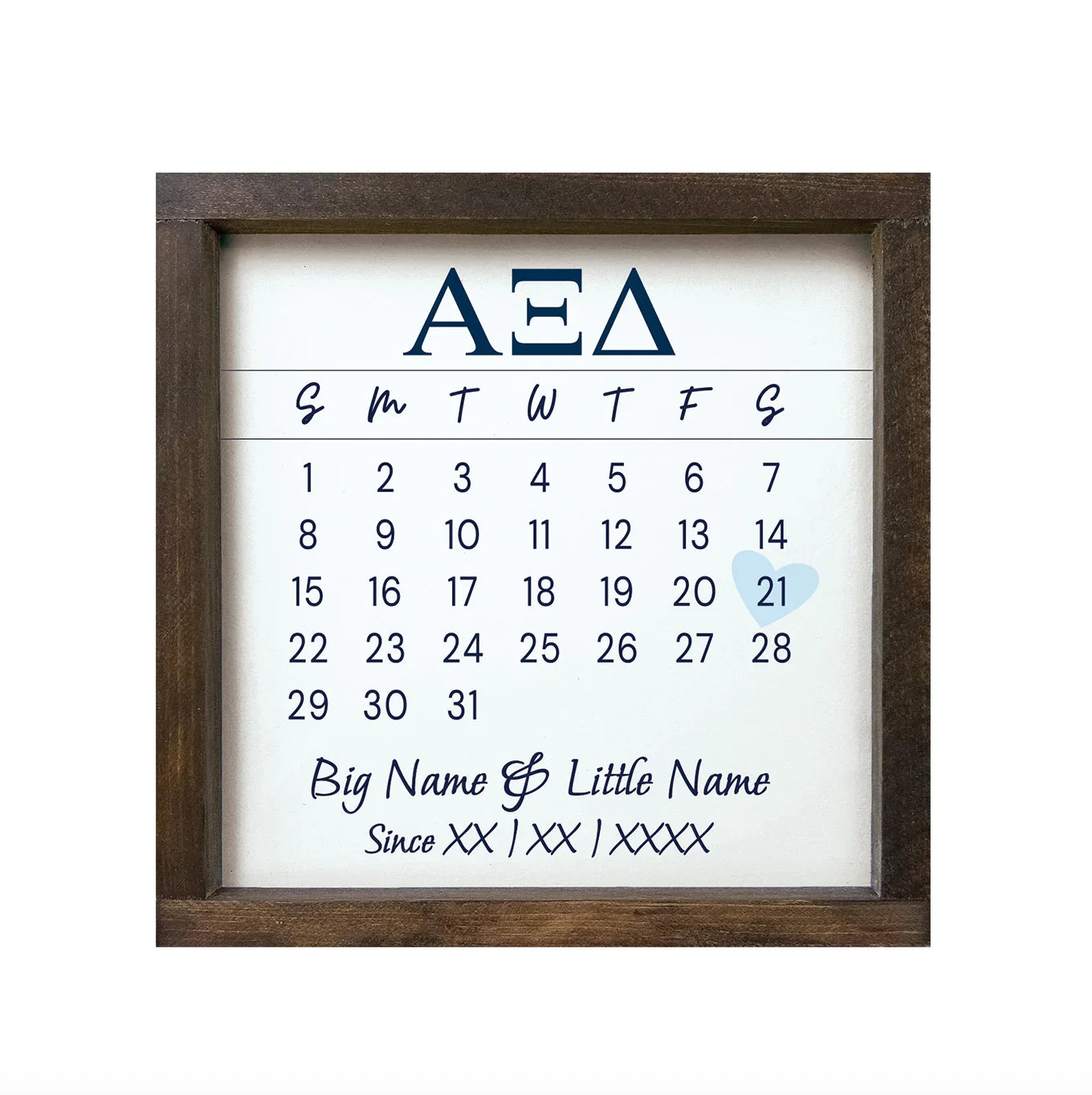 Alpha Xi Delta Personalized Big Little Calendar Framed Sign - 12x12
