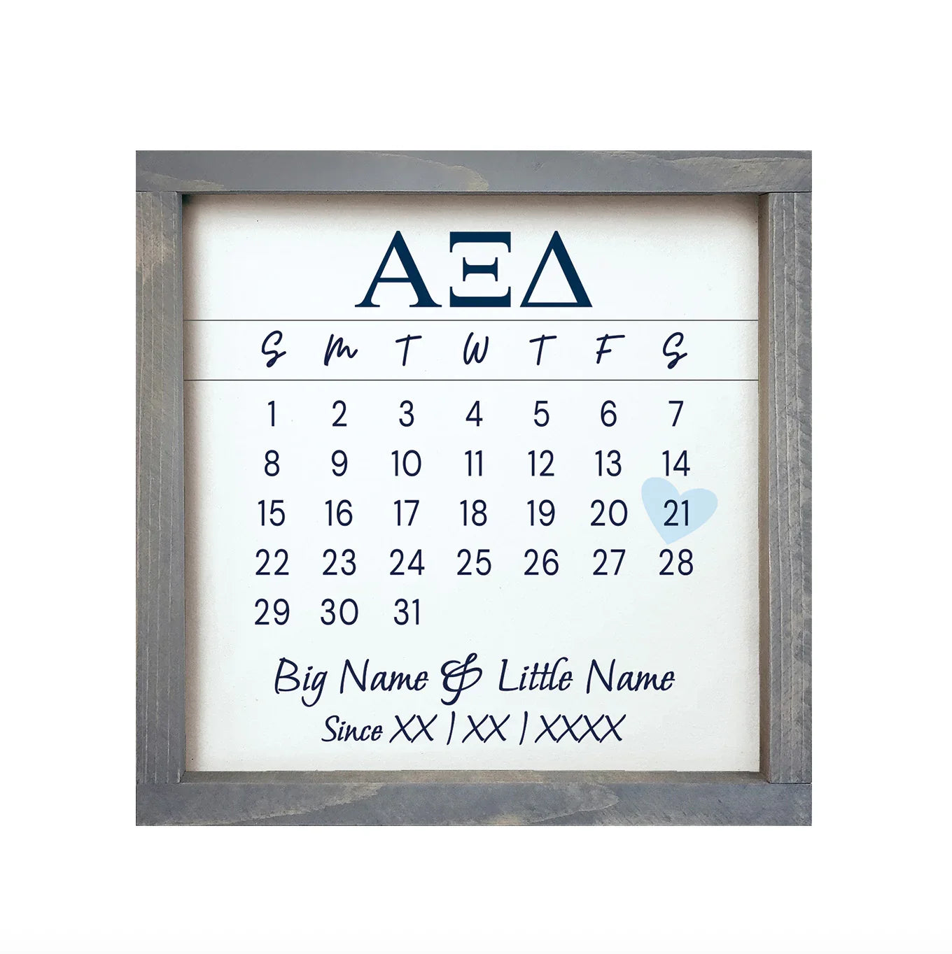 Alpha Xi Delta Personalized Big Little Calendar Framed Sign - 12x12