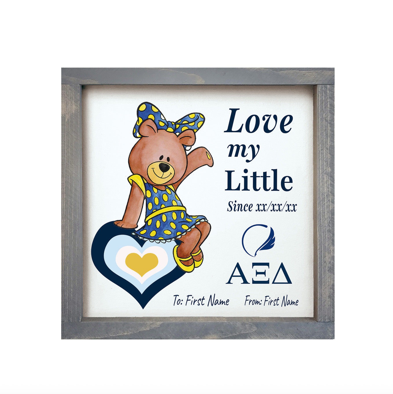 Personalized Alpha Xi Delta 12x12 Love My Big Little Wood Framed Sign