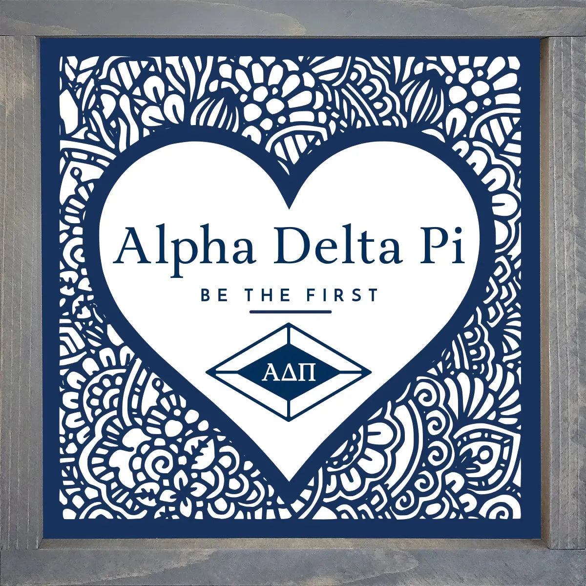 Alpha Delta Pi 12x12 Wood Framed Sign - Mandala Heart Weathered Gray Wall Art & Signs