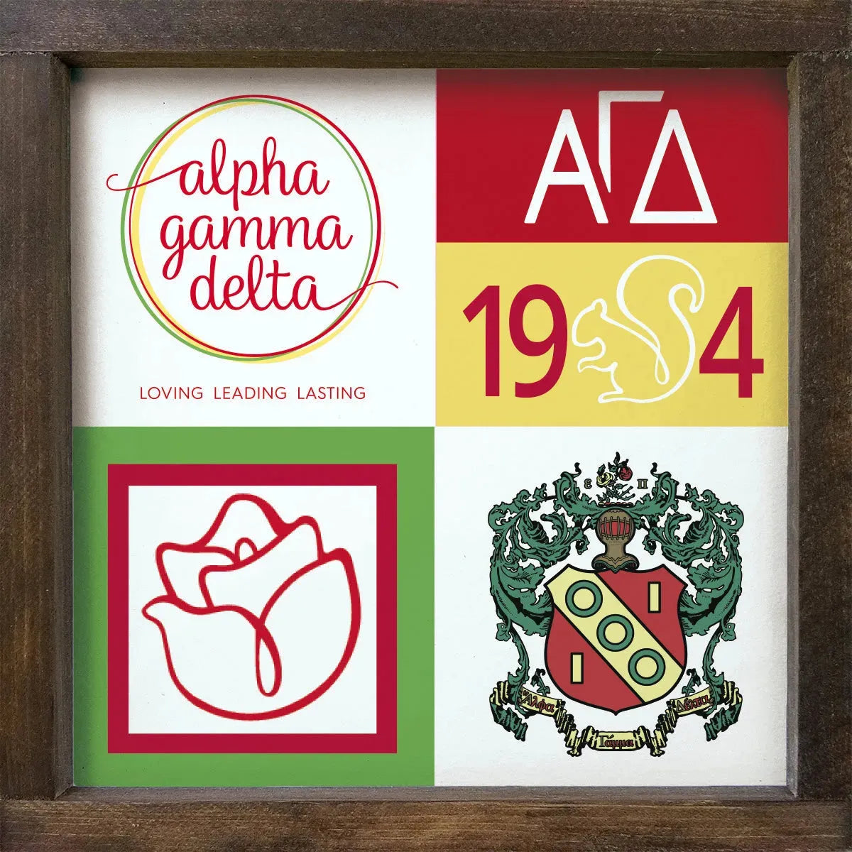 Alpha Gamma Delta 12x12 Wood Framed Sign - Classic Color Block Walnut Stain Wall Art & Signs