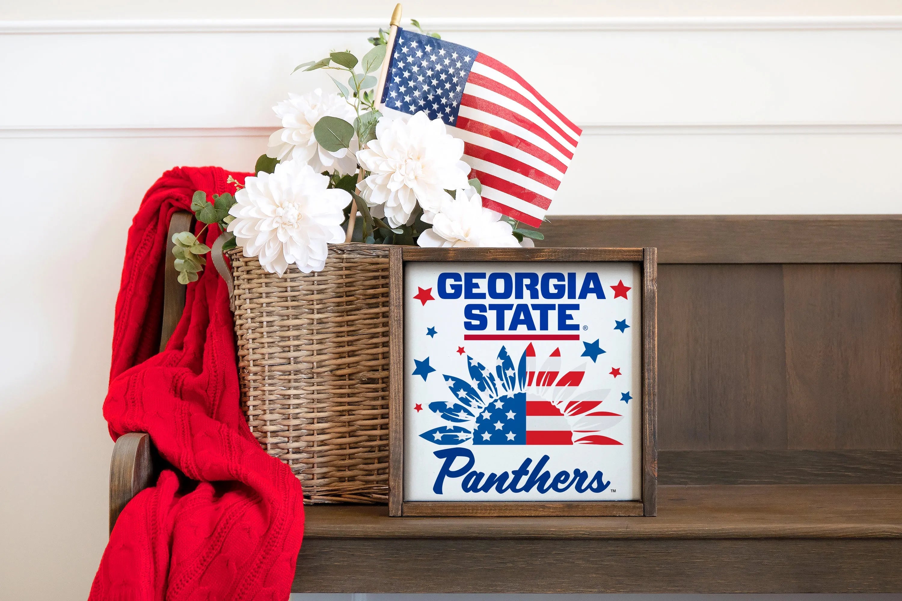 Georgia State University Wood Sign - Sunflower American Flag - 12"x12" | Gifts and Merchandise