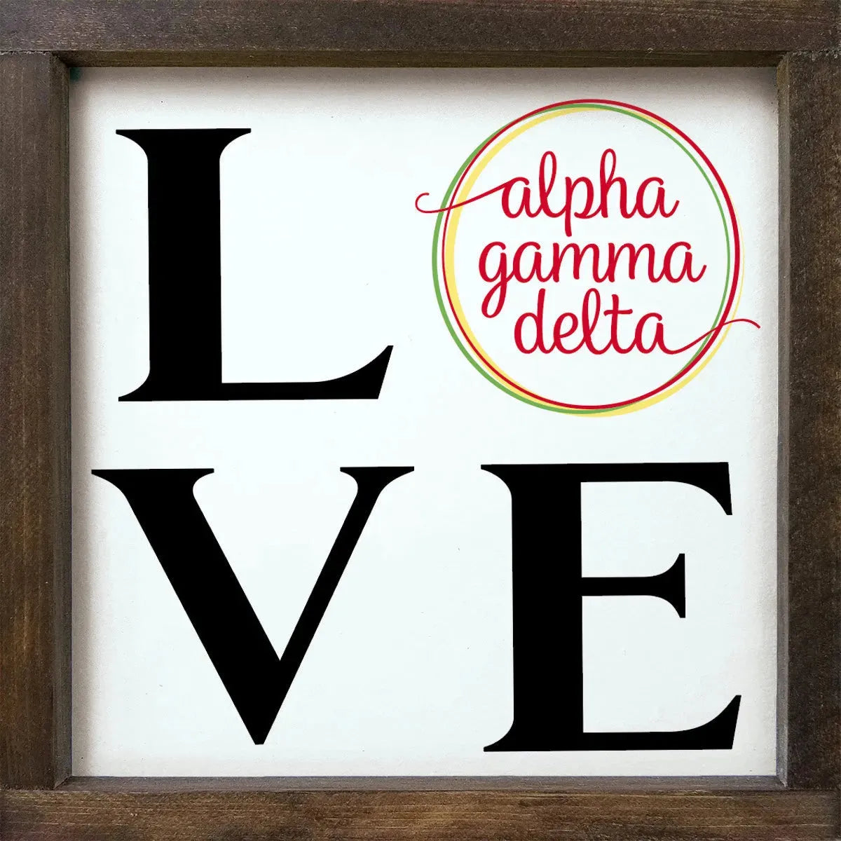 Alpha Gamma Delta 12x12 Wood Framed Sign - LOVE Walnut Stain Wall Art & Signs