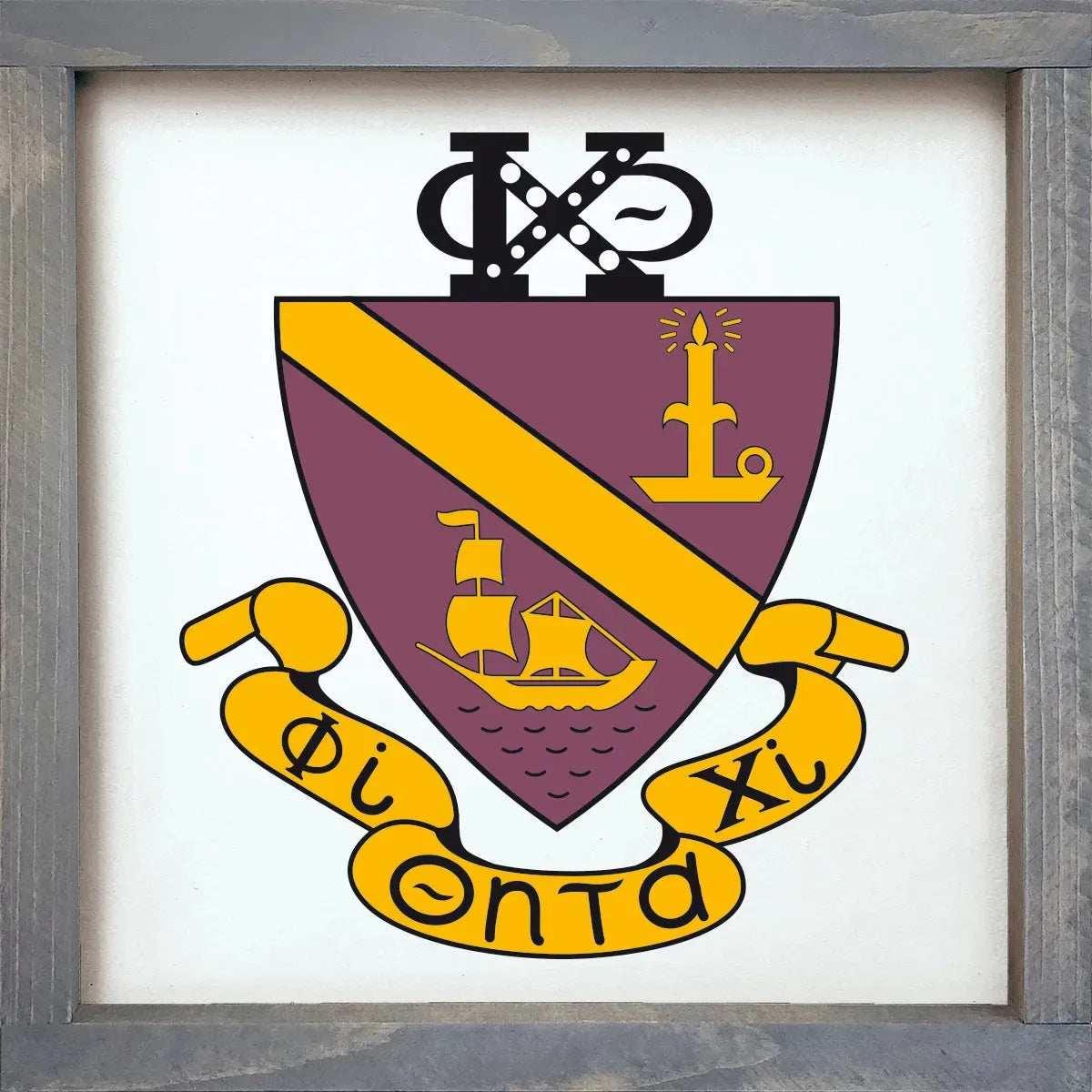 Phi Chi Theta 12x12 Wood Framed Sign - Crest Weathered Gray Wall Art & Signs