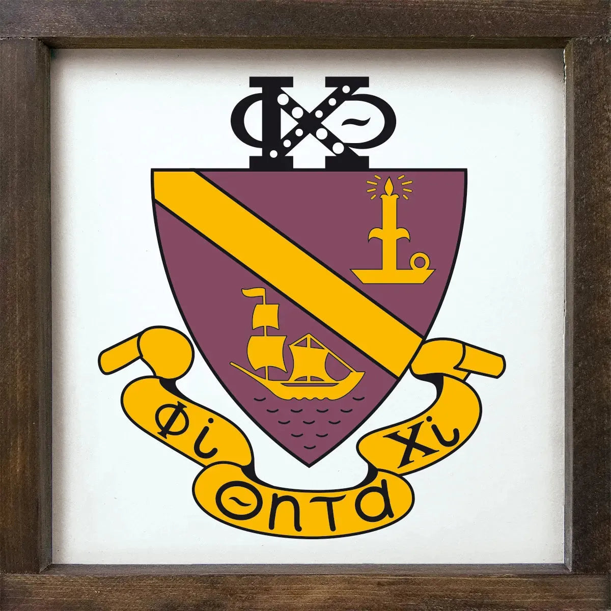 Phi Chi Theta 12x12 Wood Framed Sign - Crest Walnut Stain Wall Art & Signs