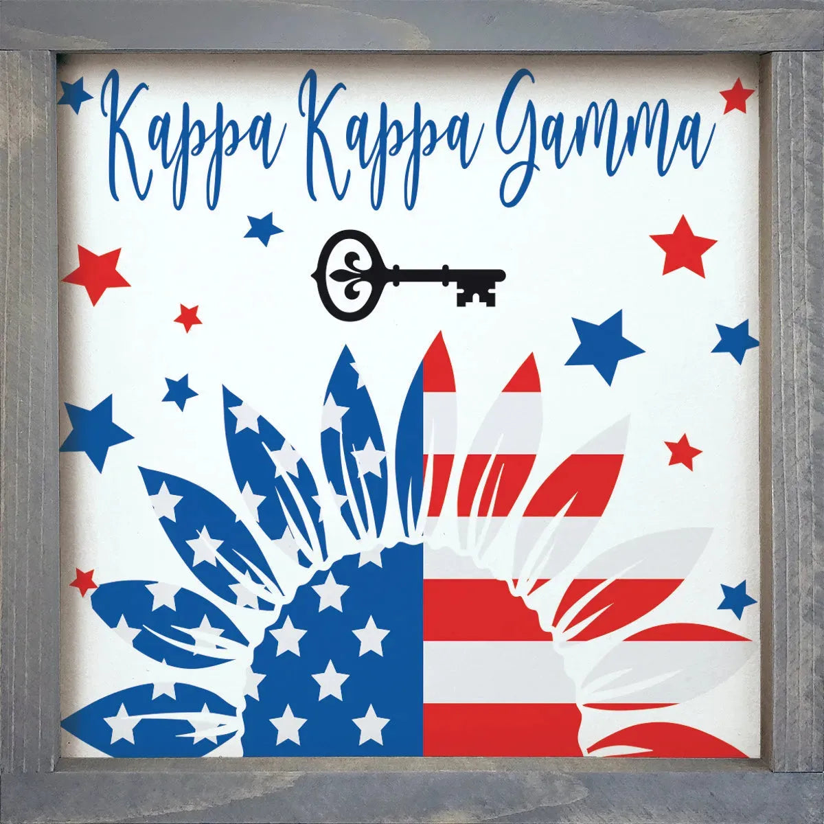 Kappa Kappa Gamma Sunflower American Flag Framed Wood Sign - 12"x12" Weathered Gray Wall Art & Signs