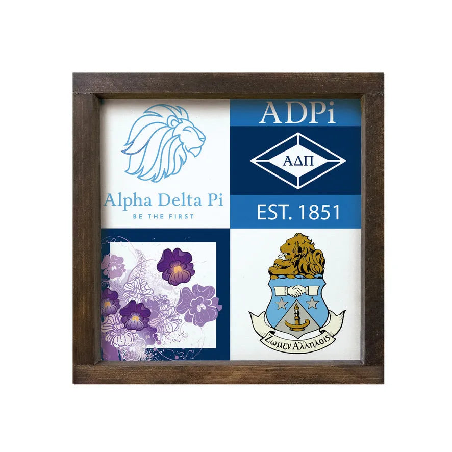 Alpha Delta Pi 12x12 Wood Framed Sign - Classic Color Block Walnut Stain Wall Art & Signs