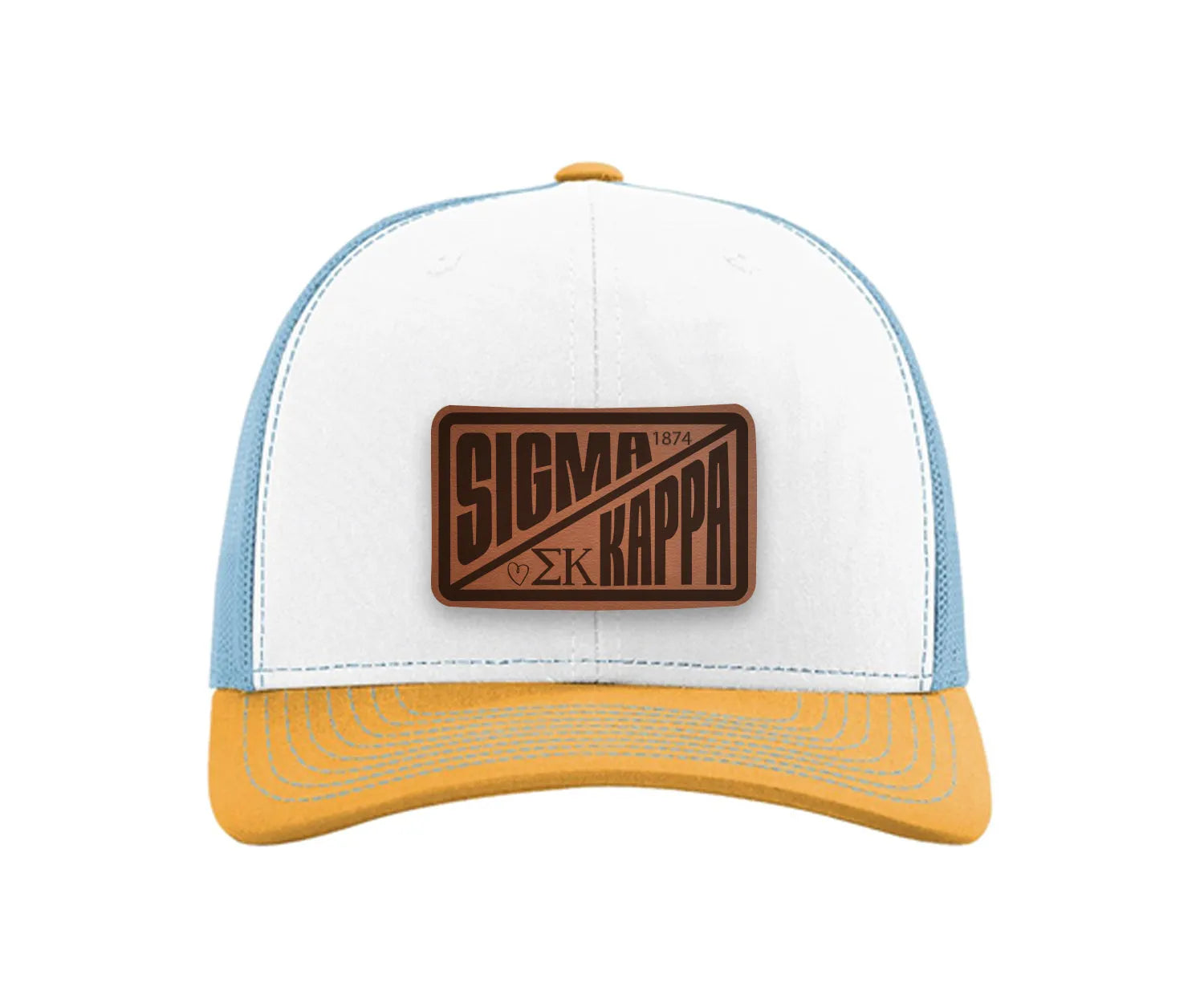 Sigma Kappa Richardson 112 Leatherette Patch Trucker Hat - Divide White Blue Yellow Trucker Hat