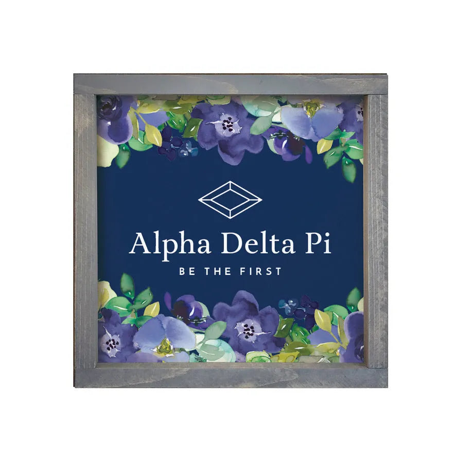 Alpha Delta Pi 12x12 Wood Framed Sign - Violet Floral Frame Weathered Gray Wall Art & Signs