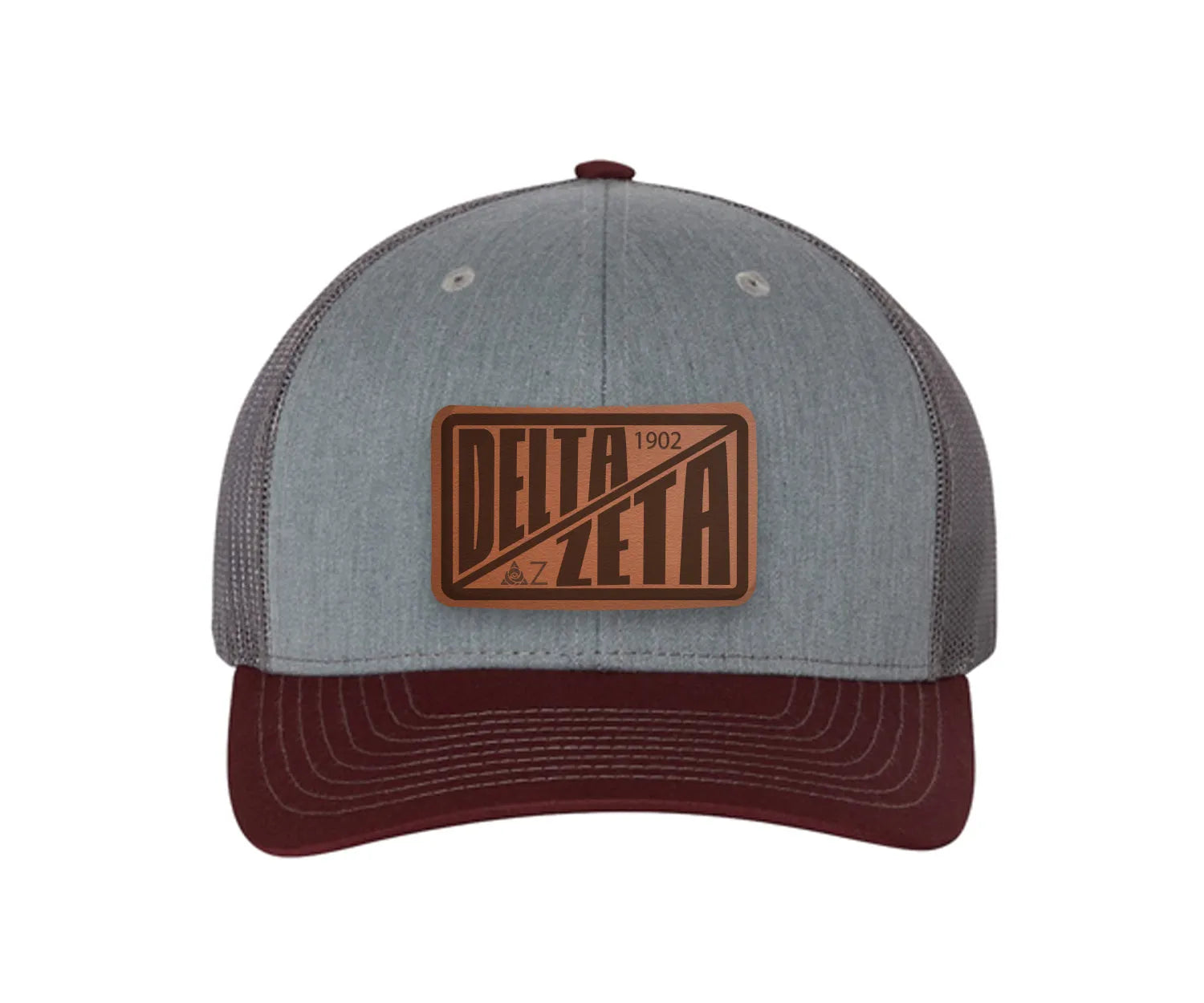 Delta Zeta Richardson 112 Leatherette Patch Trucker Hat - Divide Heather Gray Charcoal Maroon Trucker Hat