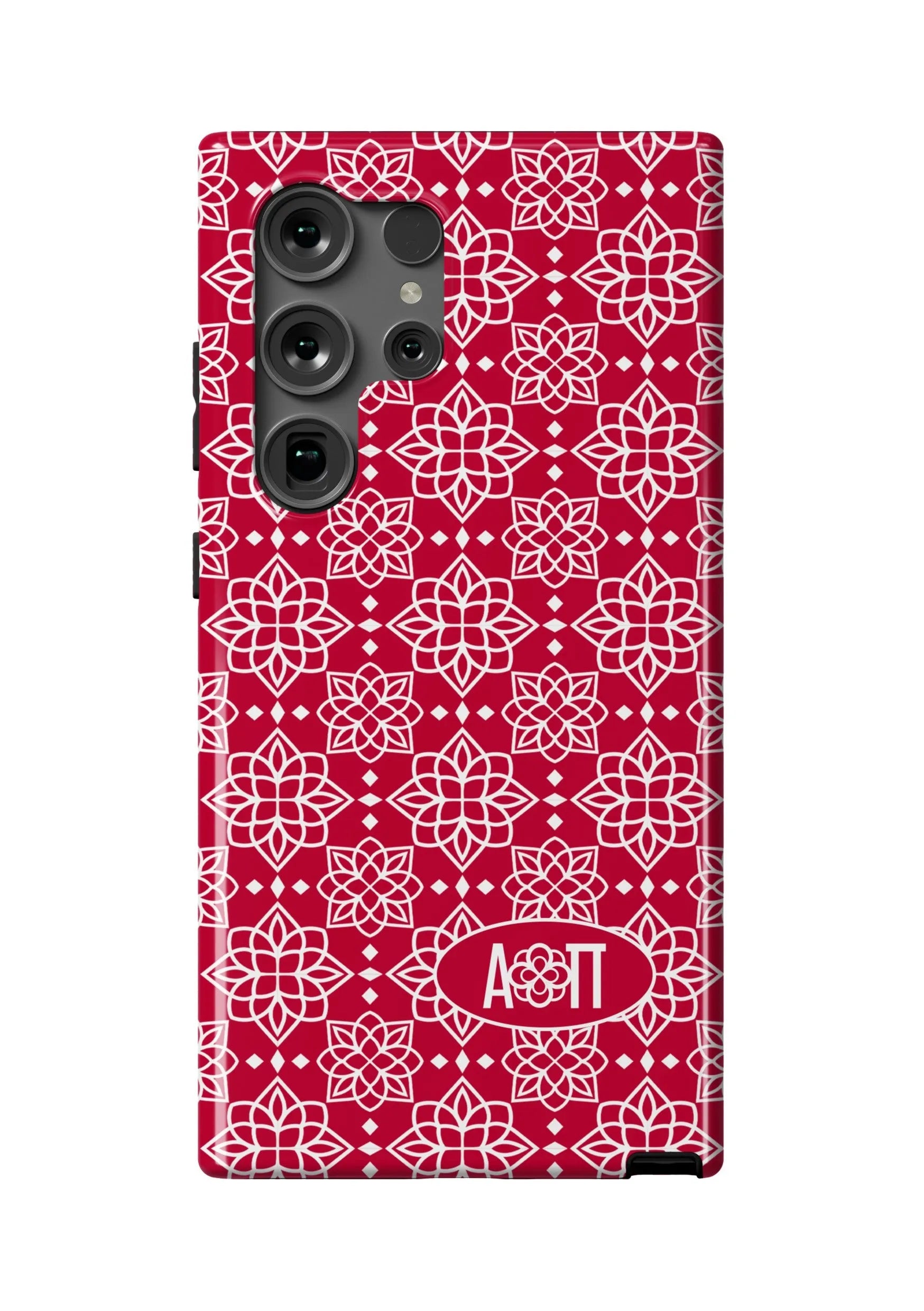 Alpha Omicron Pi Samsung Galaxy 24, 23 Mobile Phone Case - Red Ornate