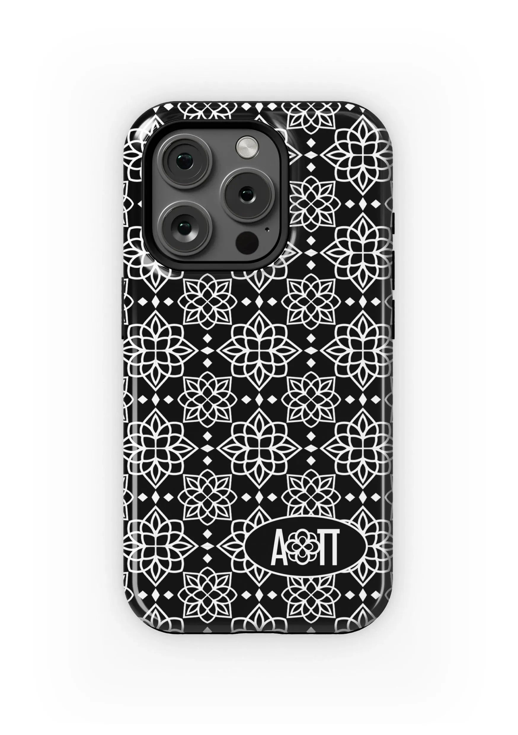 Alpha Omicron Pi iPhone 16, 15, 14 Mobile Phone Case - Black Ornate Gloss Mobile Phone Cases