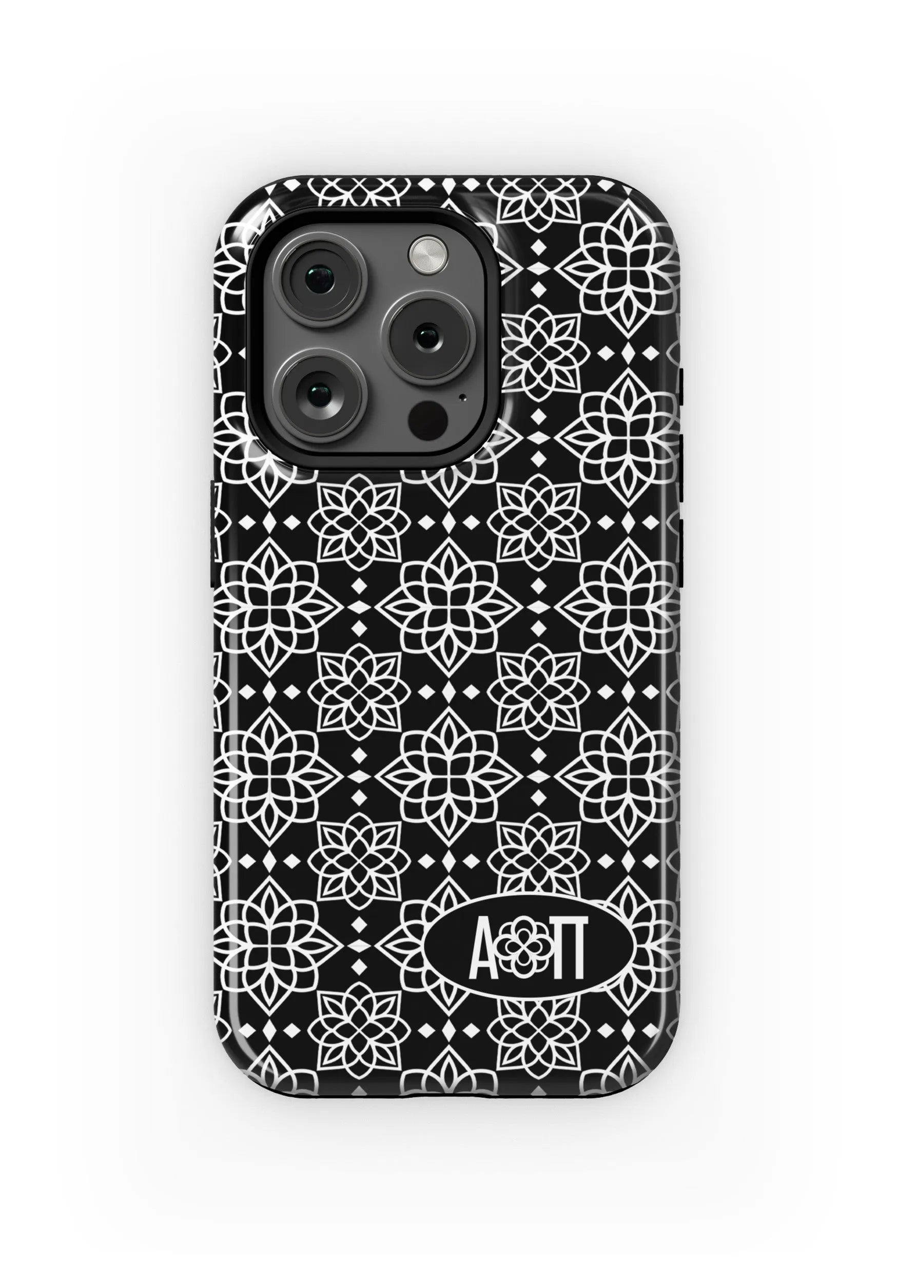 Alpha Omicron Pi iPhone 16, 15, 14 Mobile Phone Case - Black Ornate