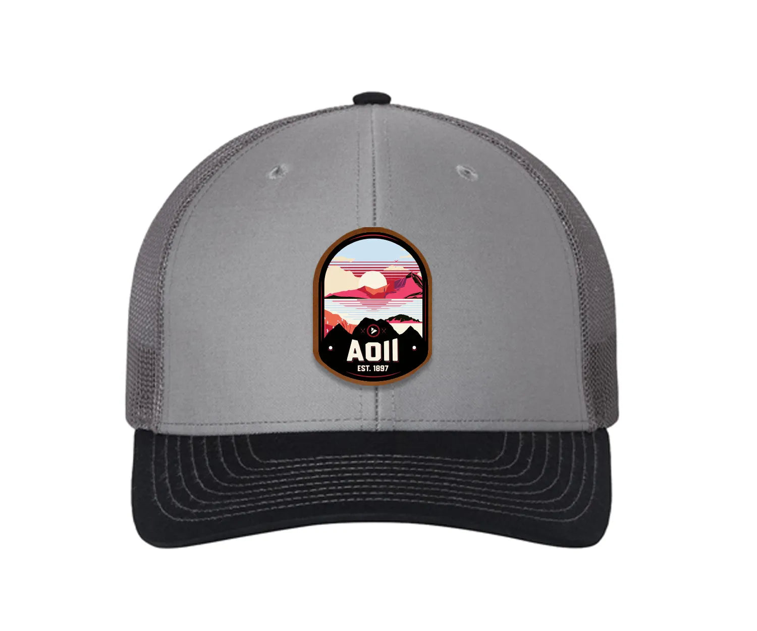 Alpha Omicron Pi Richardson 112 UV Print Leatherette Patch Trucker Hat - Ventura Gray Charcoal Navy Trucker Hat