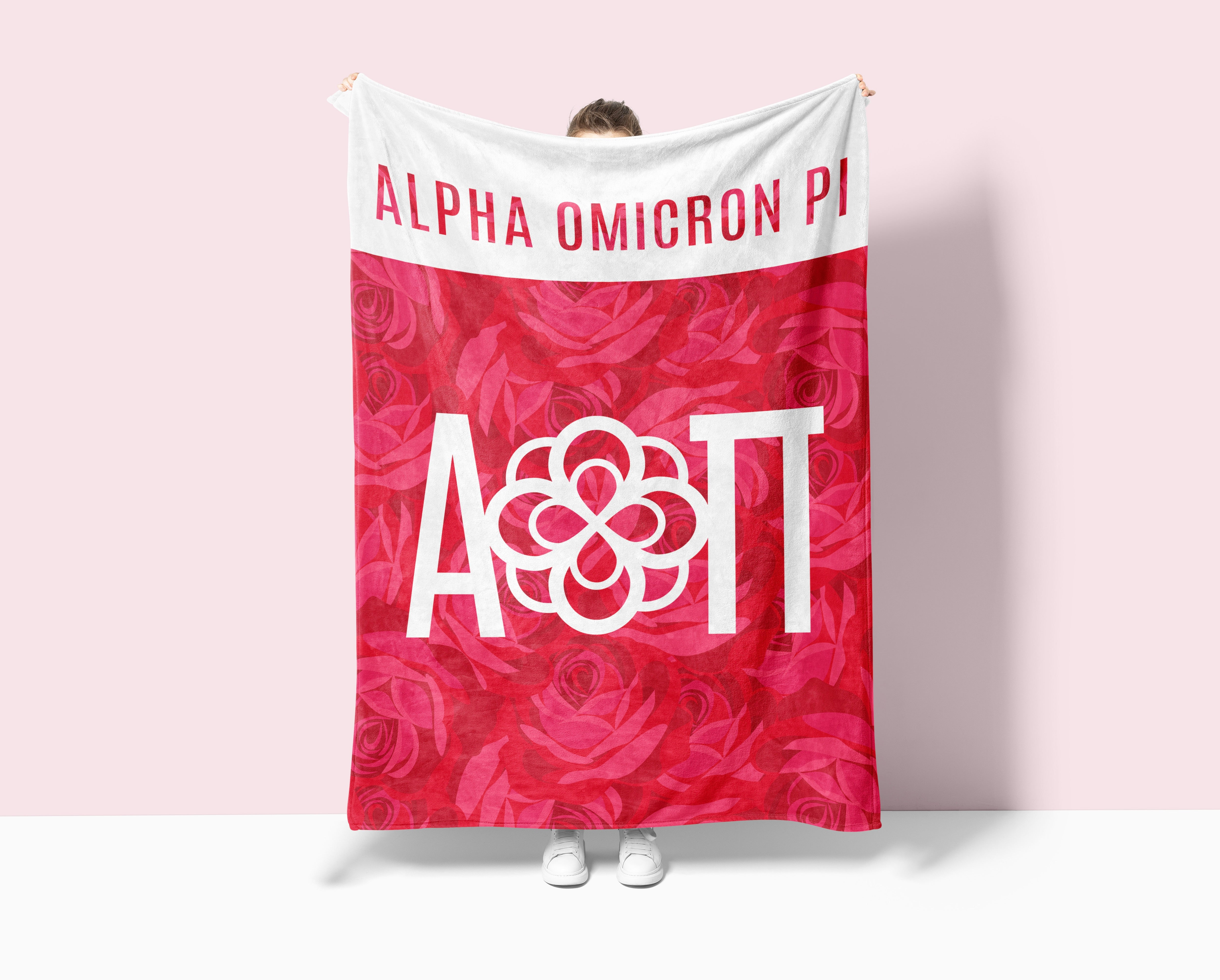 Alpha Omicron Pi XL 60x80 Sherpa Blanket - Rose Pattern Wide Band