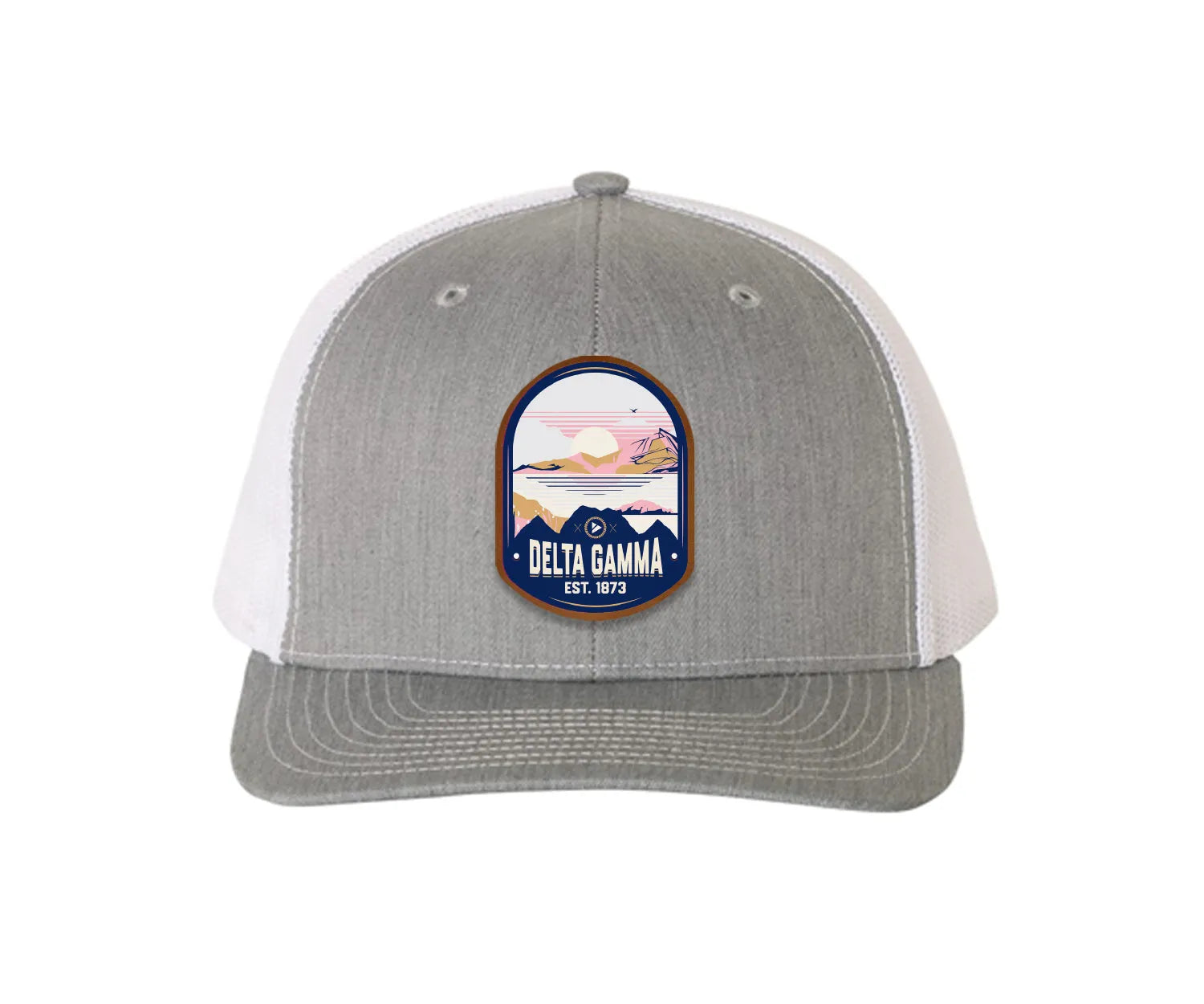Delta Gamma Richardson 112 UV Print Leatherette Patch Trucker Hat - Ventura Heather Gray White Trucker Hat
