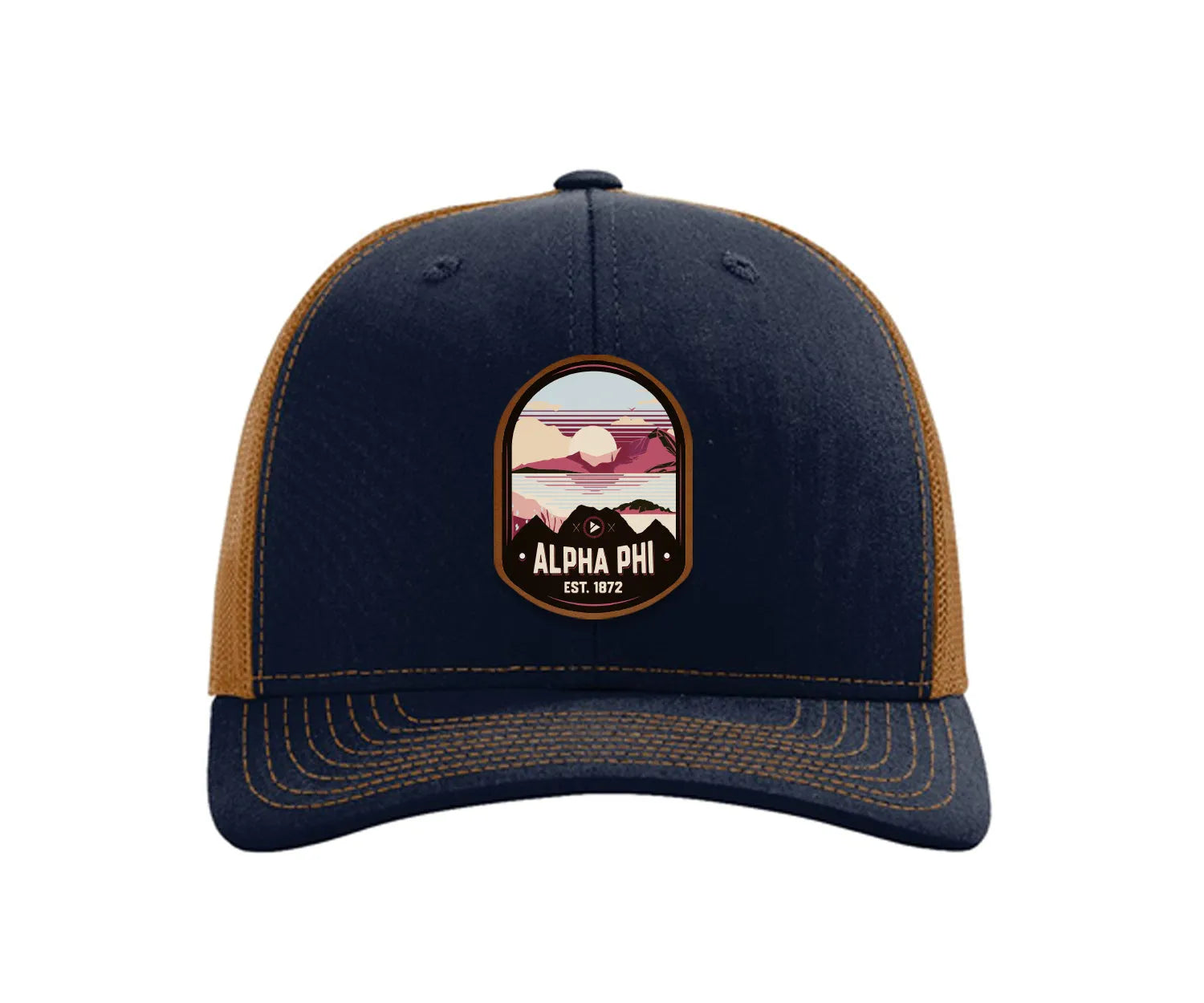 Alpha Phi Richardson 112 UV Print Leatherette Patch Trucker Hat - Ventura Navy Caramel Trucker Hat