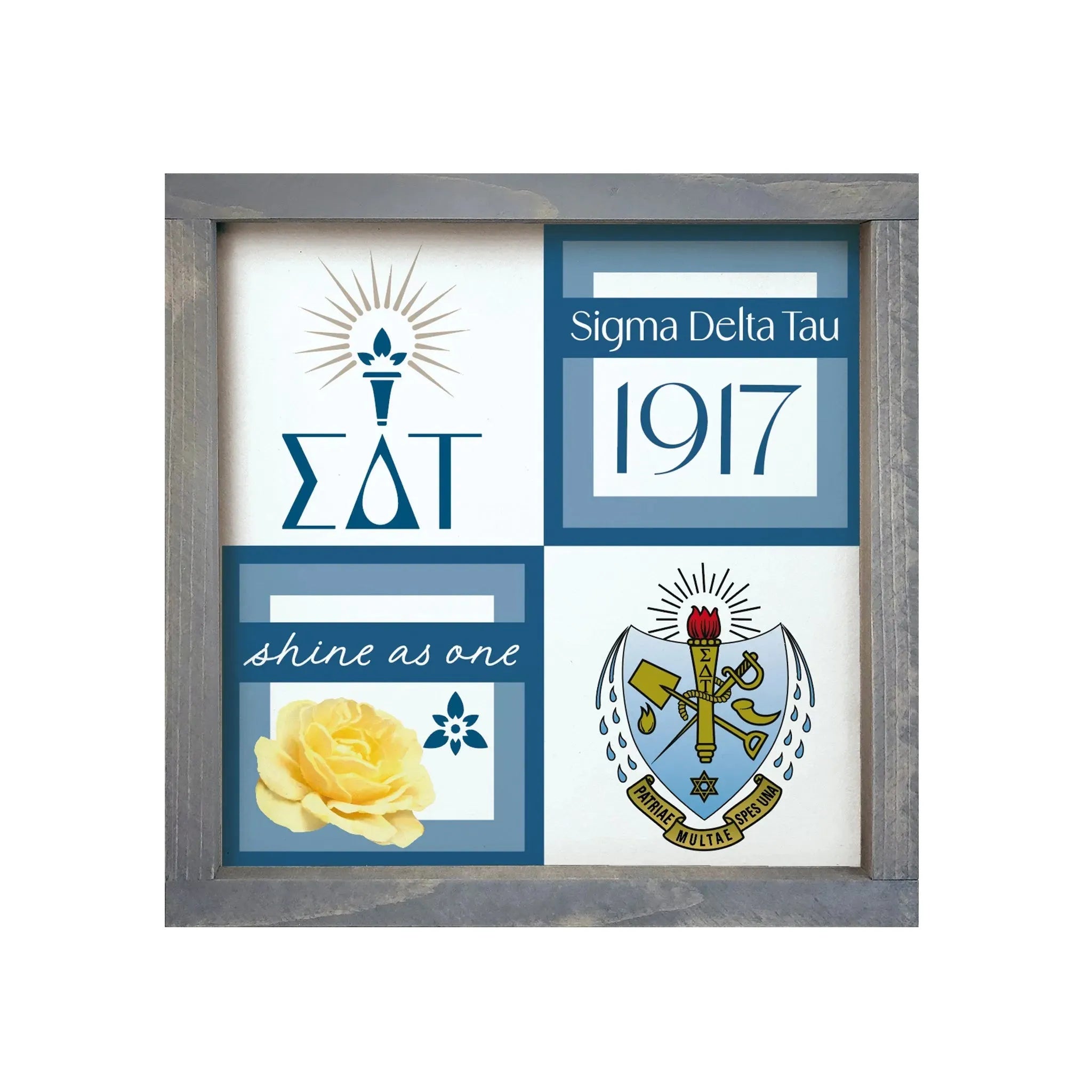 Sigma Delta Tau 12x12 Wood Framed Sign - Classic Color Block Weathered Gray Wall Art & Signs