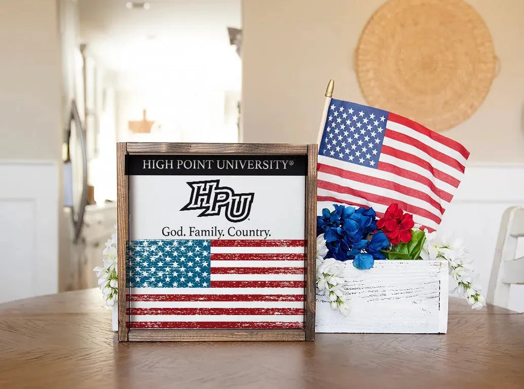 High Point University 12x12 God. Family. Country. Wood Framed Sign Wall Art & Signs