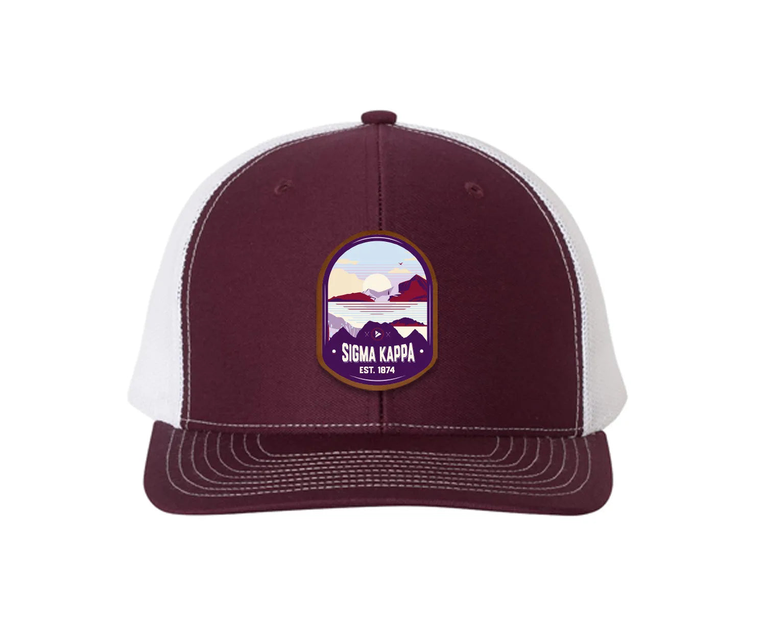 Sigma Kappa Richardson 112 UV Print Leatherette Patch Trucker Hat - Ventura Maroon White Trucker Hat