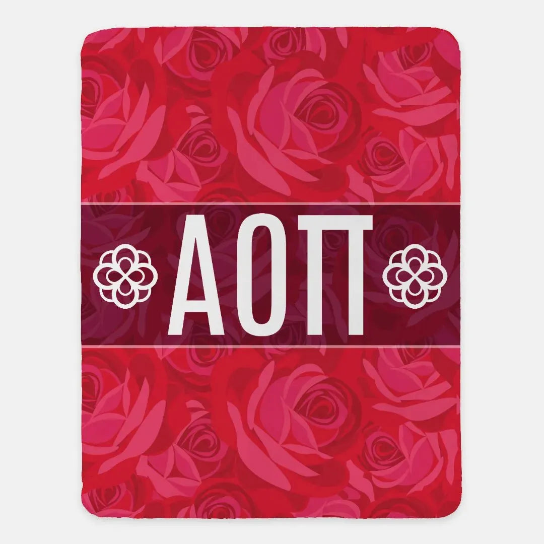 Alpha Omicron Pi XL 60x80 Sherpa Throw Blanket - Rose Pattern Throw Blankets