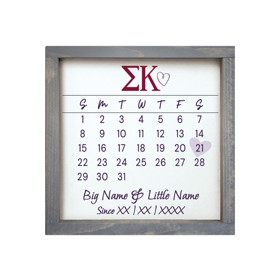 Sigma Kappa Personalized Big Little Calendar Framed Sign - 12x12