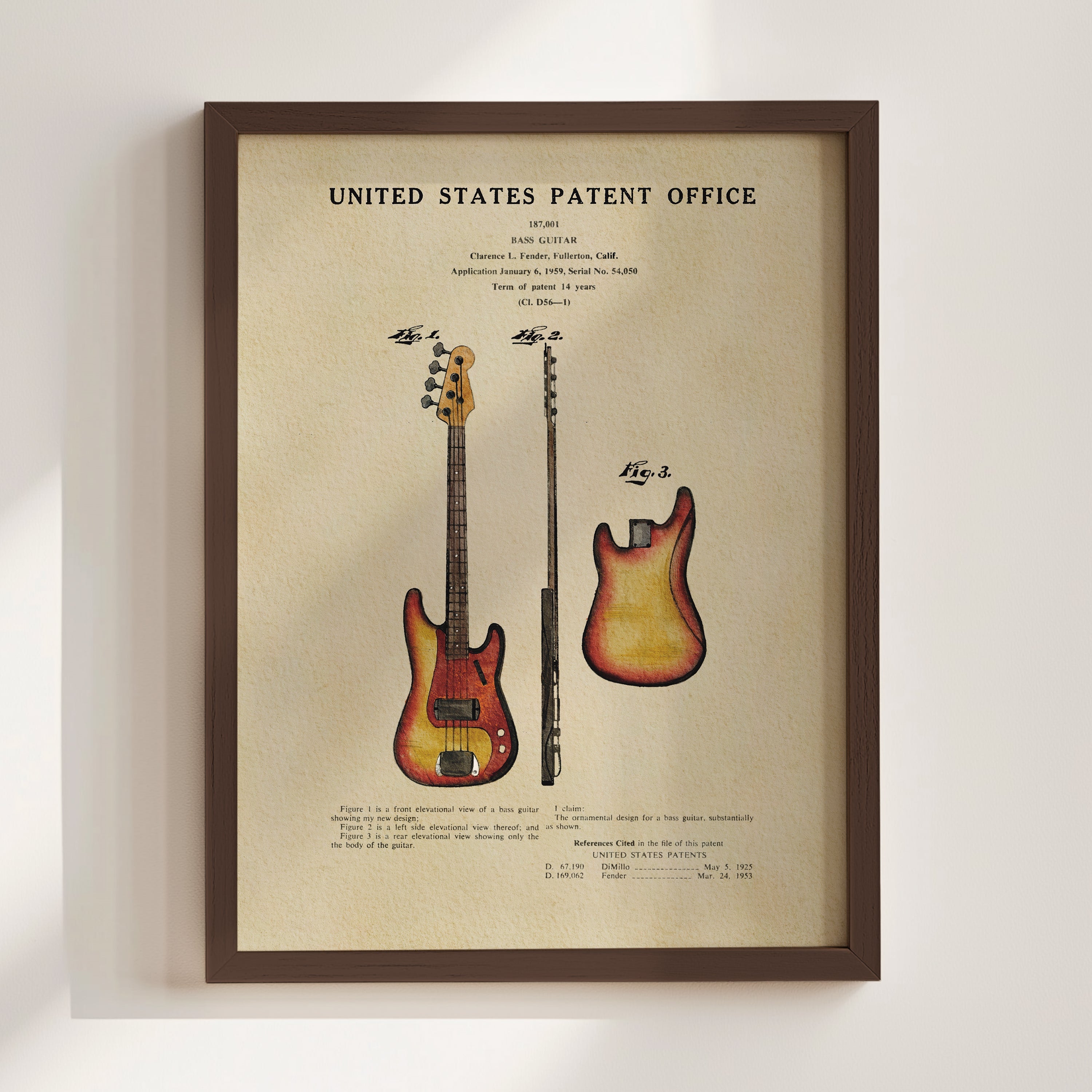 Fender Bass Guitar US Patent Art Print | Music-Themed Dorm Decor