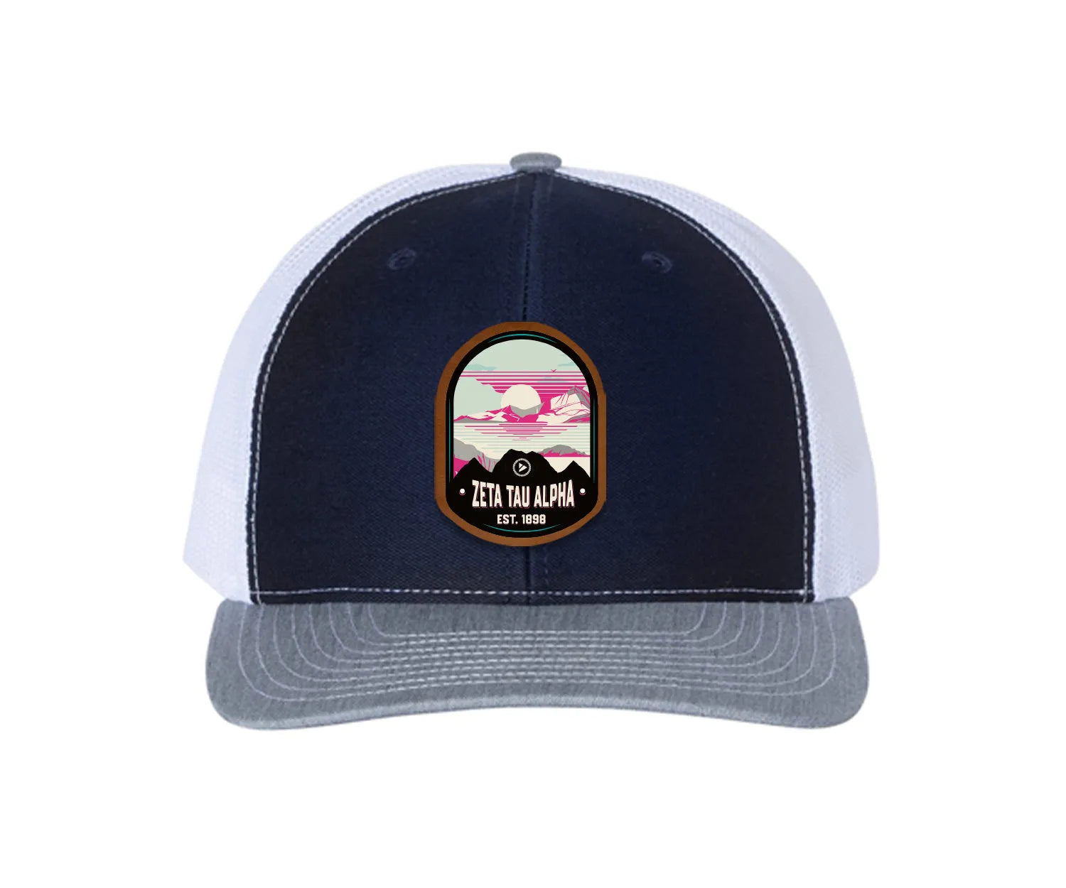 Zeta Tau Alpha Richardson 112 UV Print Leatherette Patch Trucker Hat - Ventura Navy White Heather Gray Trucker Hat