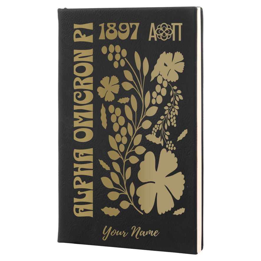 Alpha Omicron Pi Personalized Leatherette Notebook - Retro Floral