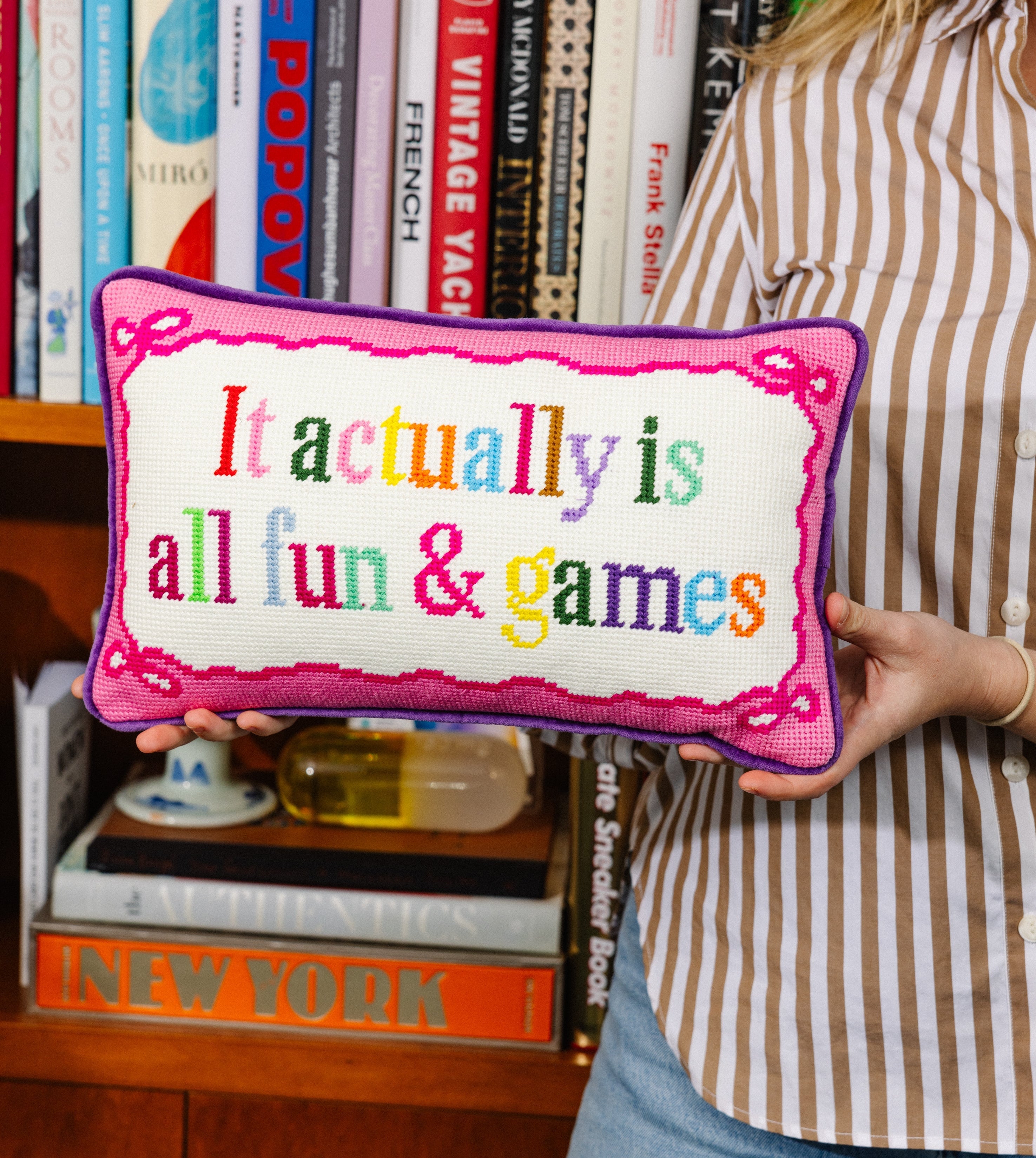All Fun & Games Needlepoint Pillow | Funny Retro Dorm Decor