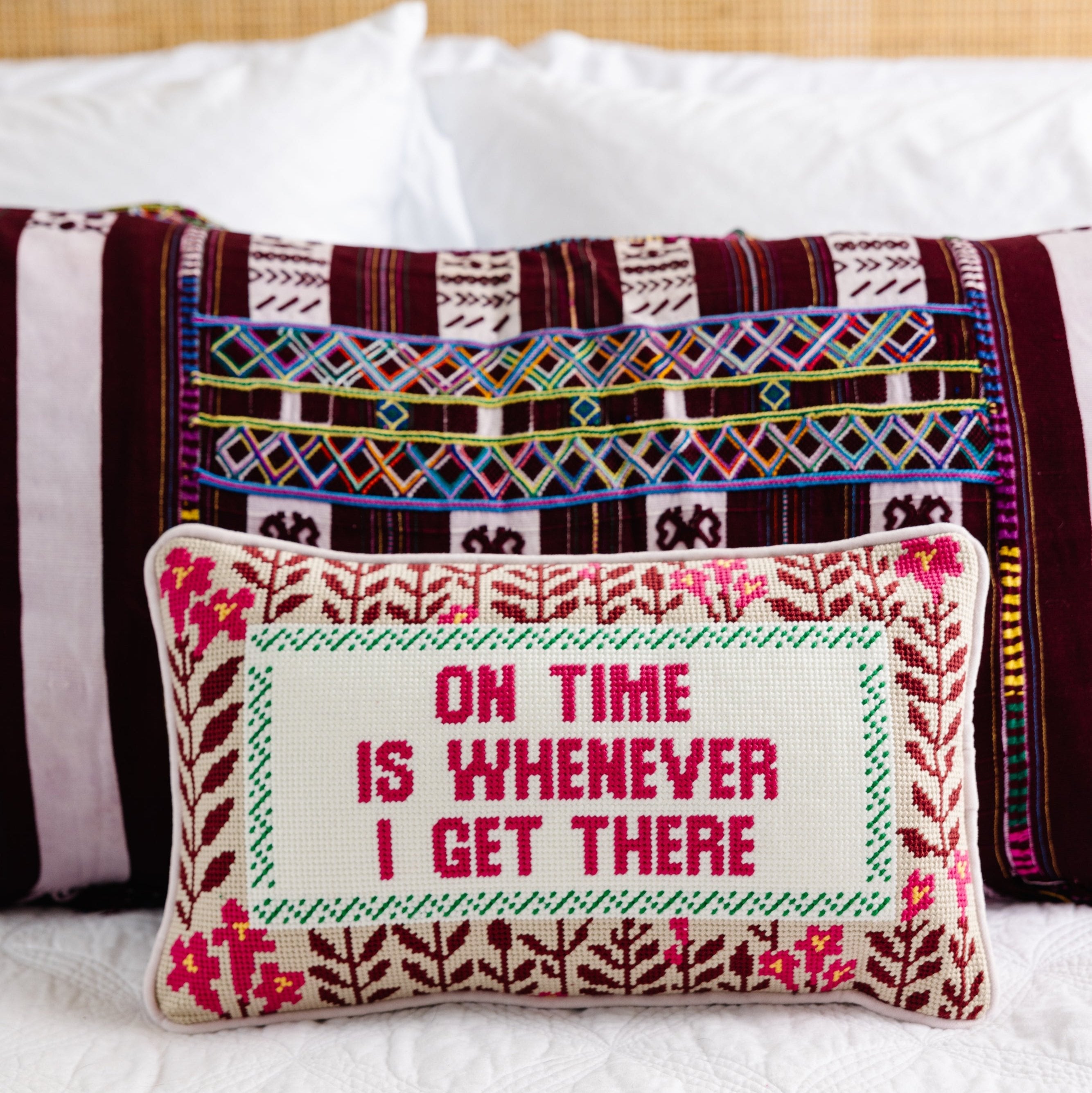 On Time Needlepoint Pillow | Dorm Decor | Funny Sayings