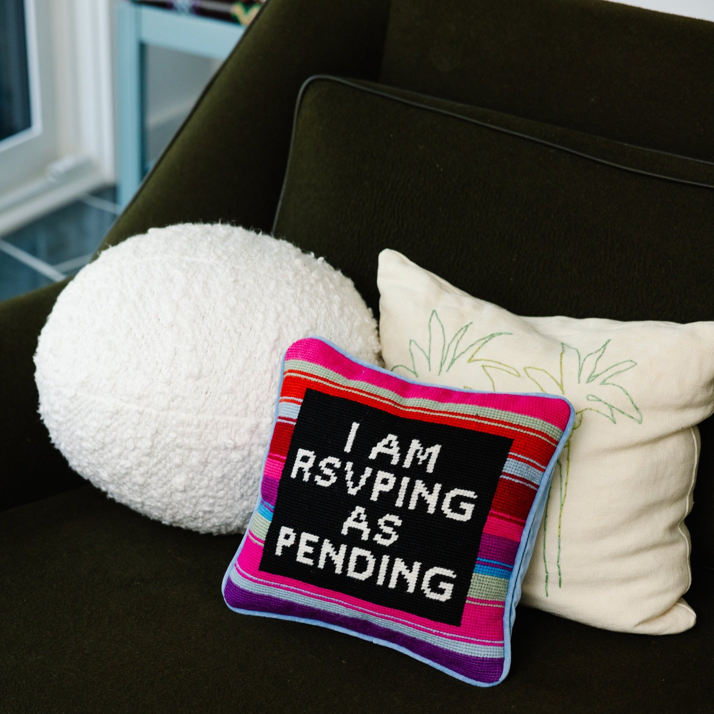RSVP as Pending Needlepoint Pillow | Modern Dorm Decor | Quote Pillows