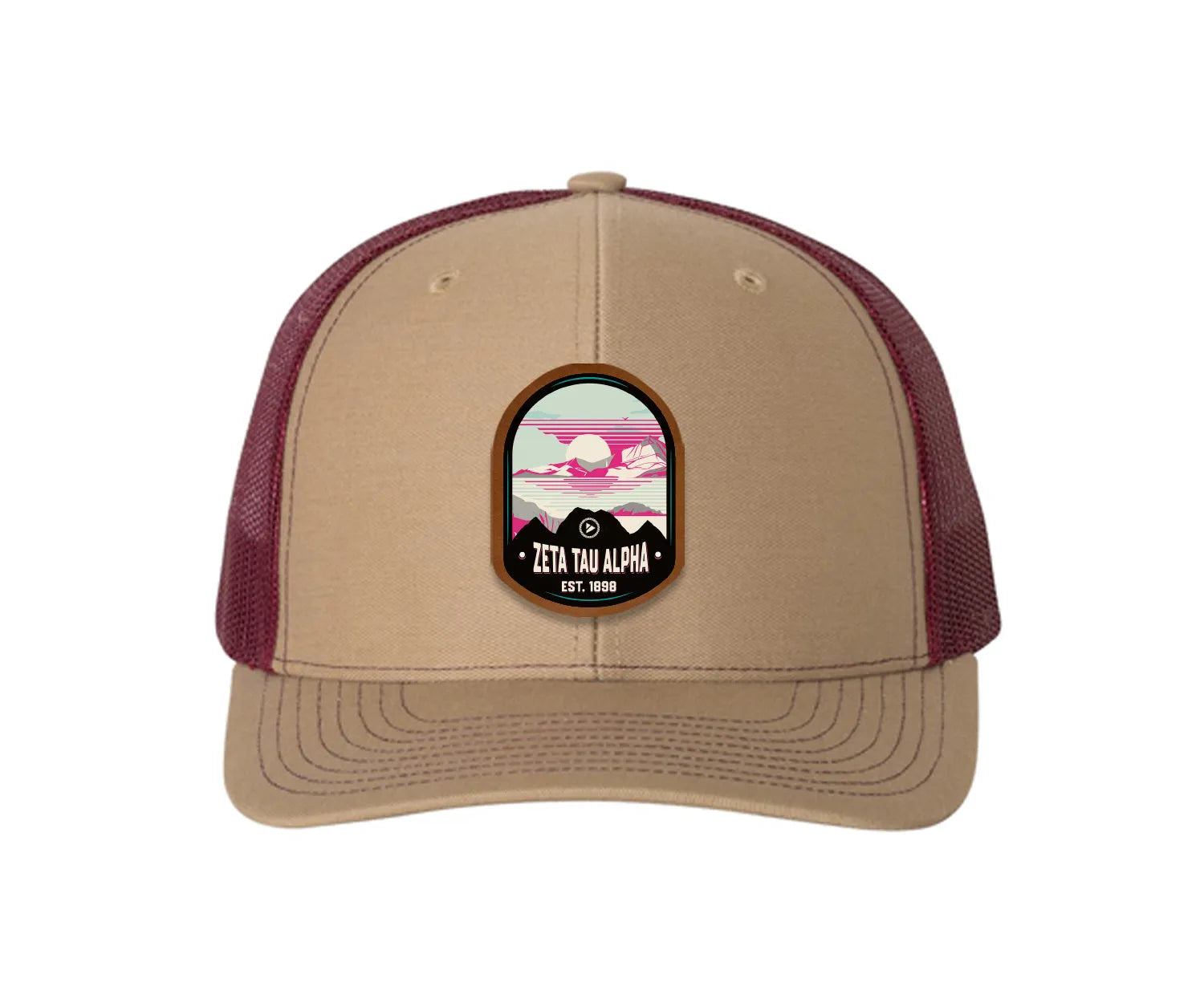 Zeta Tau Alpha Richardson 112 UV Print Leatherette Patch Trucker Hat - Ventura Khaki Burgundy Trucker Hat