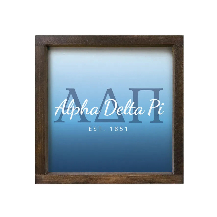 Alpha Delta Pi 12x12 Wood Framed Sign - Midnight Gradient Walnut Stain Wall Art & Signs