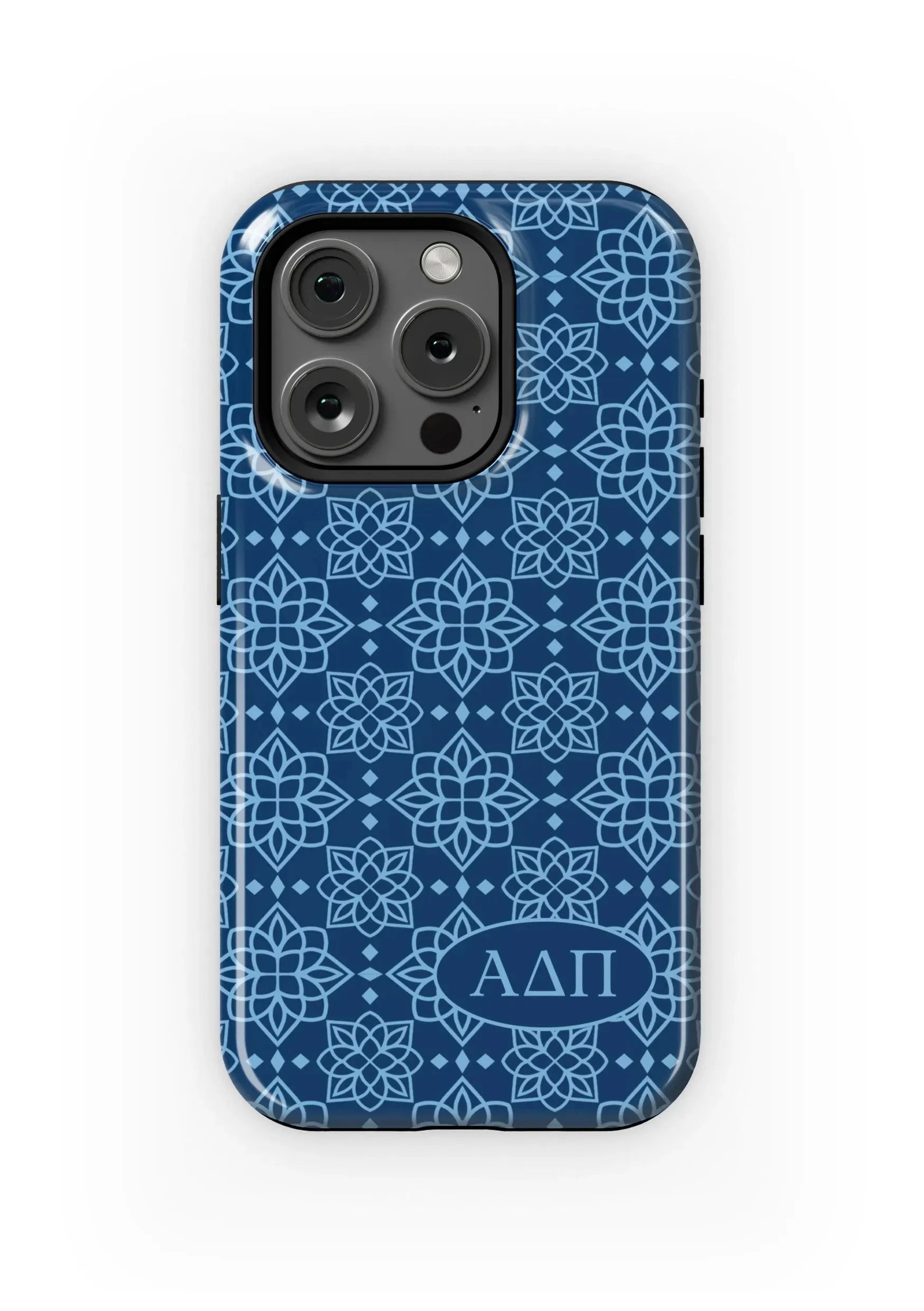 Alpha Delta Pi iPhone 16, 15, 14 Mobile Phone Case - Midnight Blue Ornate Gloss Mobile Phone Cases