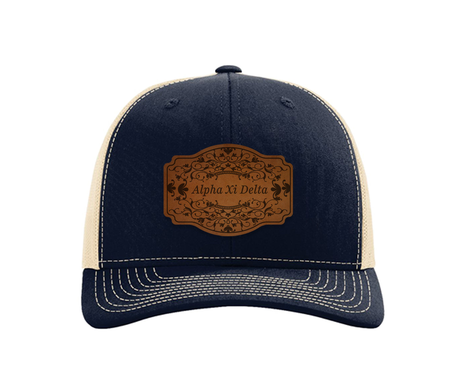 Alpha Xi Delta Richardson 112 Leatherette Patch Trucker Hat Scroll