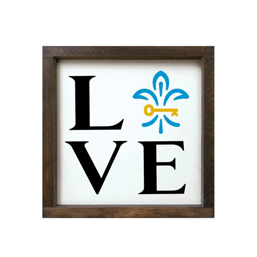 KKG 12x12 Wood Framed Sign - LOVE Fleur De Key Walnut Stain Wall Art & Signs