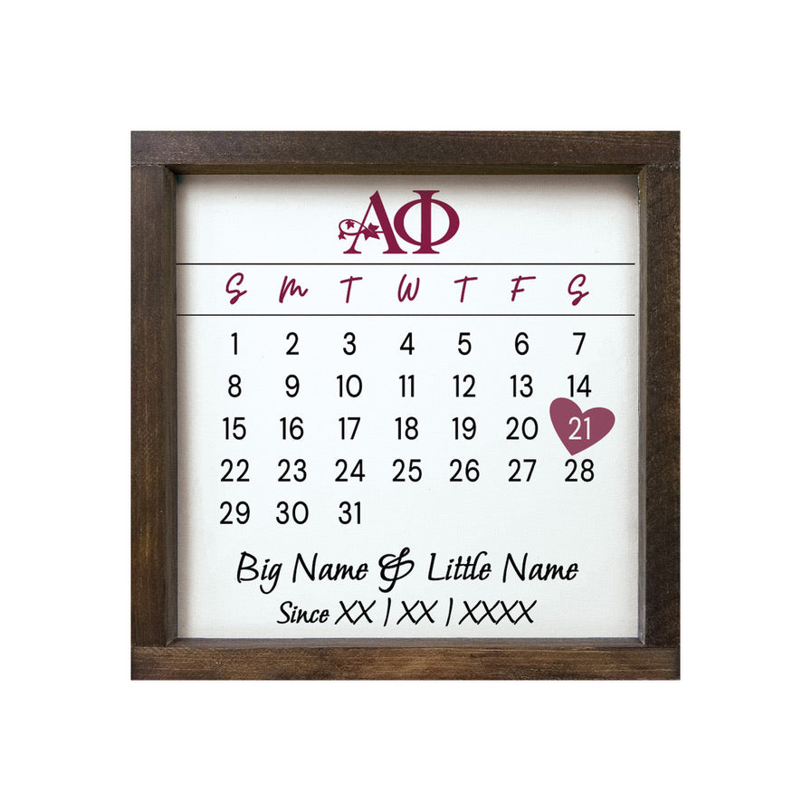 Alpha Phi Personalized Big Little Calendar Framed Sign - 12x12