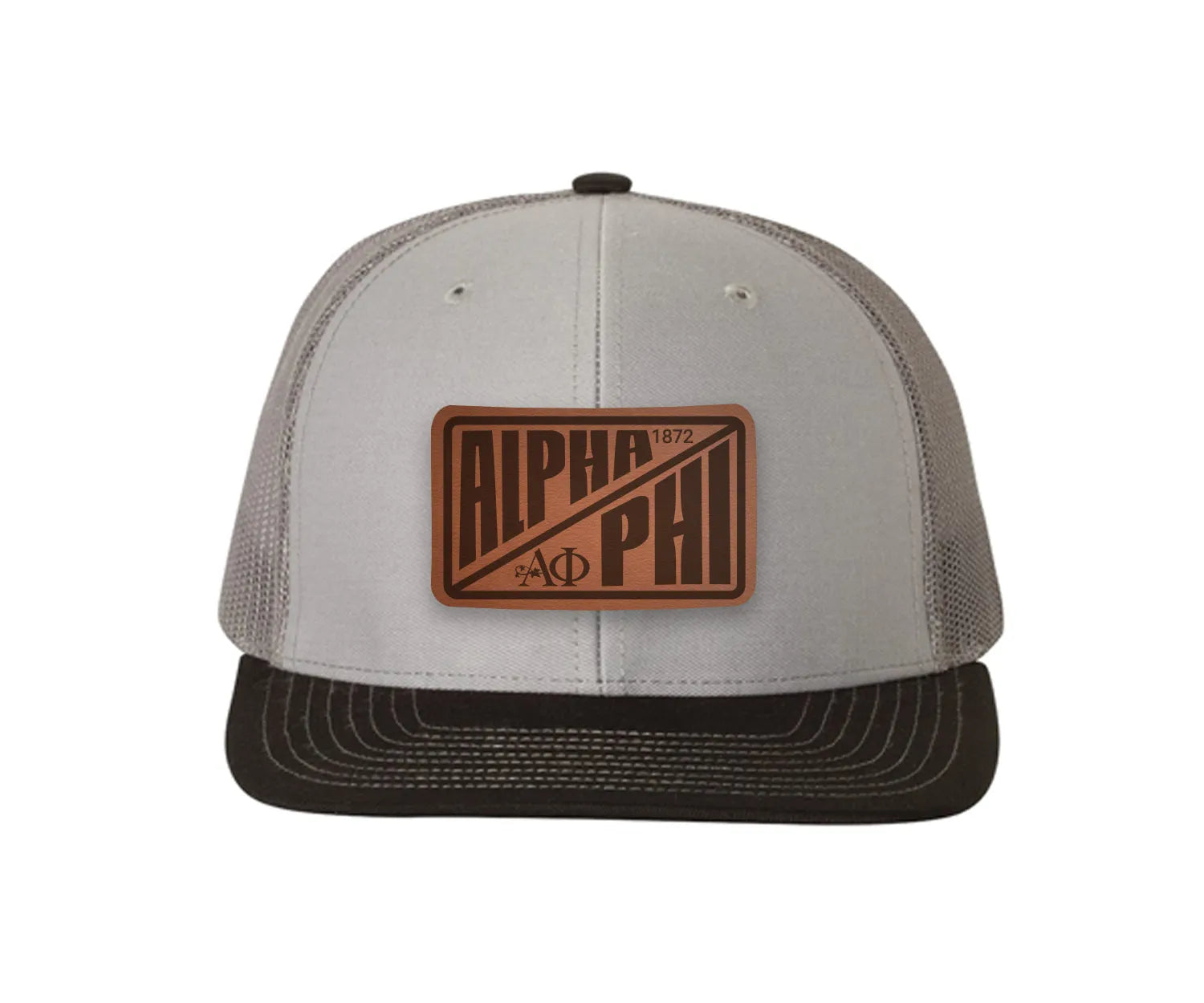 Alpha Phi Richardson 112 Leatherette Patch Trucker Hat - Divide Gray Charcoal Black Trucker Hat