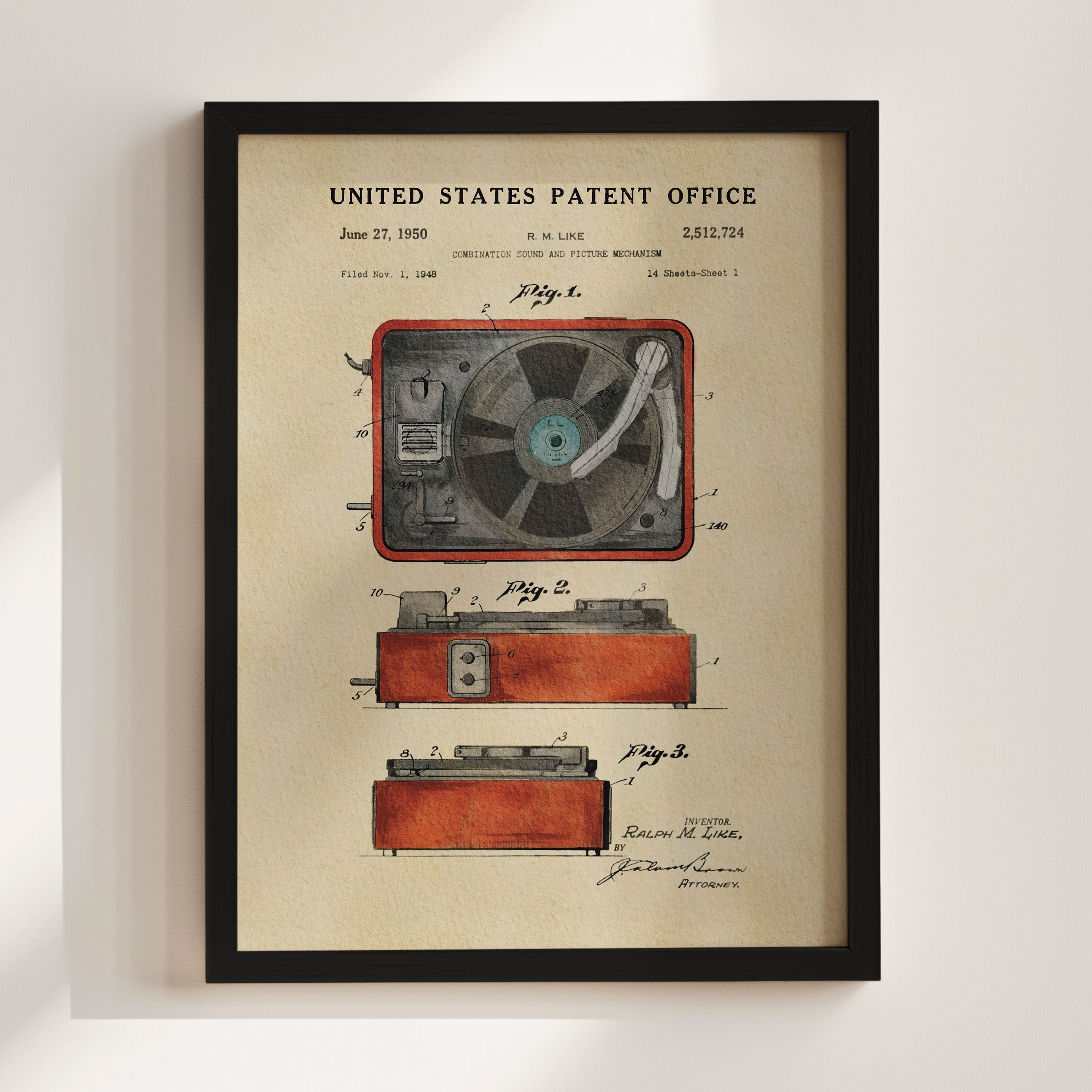 Vintage Record Player - Red US Patent Wall Print